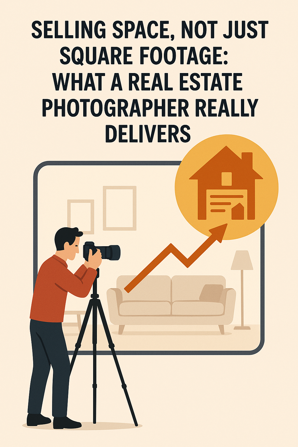 Illustration of a professional real estate photographer using a camera on a tripod to capture a modern living room with a sofa, lamp, and wall art. Above, bold text reads “Selling Space, Not Just Square Footage: What a Real Estate Photographer Really Delivers.” A golden circular icon with a house symbol and an upward arrow emphasizes growth and the value of real estate photography.