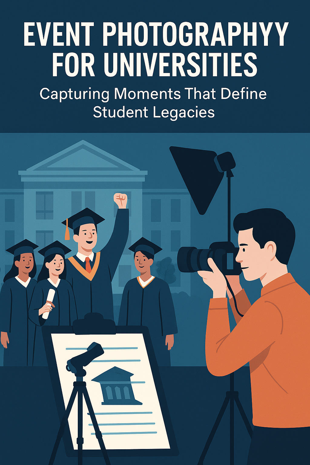 Digital illustration promoting university event photography. A photographer with a DSLR camera is capturing a group of smiling graduates in caps and gowns standing in front of a university building. One graduate raises a fist in celebration while another holds a diploma. In the foreground, a clipboard with a shot list and a tripod are visible, emphasizing planning and precision. At the top, bold white text reads “EVENT PHOTOGRAPHY FOR UNIVERSITIES: Capturing Moments That Define Student Legacies.” The overall design uses blue and orange tones to convey professionalism and celebration.