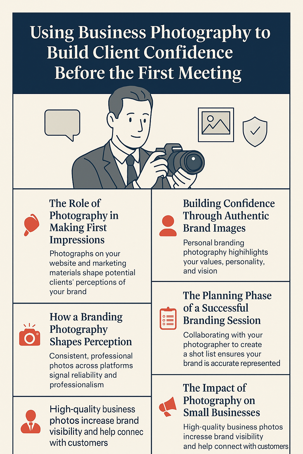 Using Business Photography to Build Client Confidence Before the First Meeting.' At the top, an illustrated professional in a suit holds a camera, with icons of a chat bubble, photo, and shield representing communication, branding, and trust. Below, six sections highlight key themes: the role of photography in making first impressions, building confidence through authentic brand images, how branding photography shapes perception, the planning phase of a successful branding session, high-quality business photos increasing brand visibility, and the impact of photography on small businesses. Each section includes a red or black icon with descriptive text.