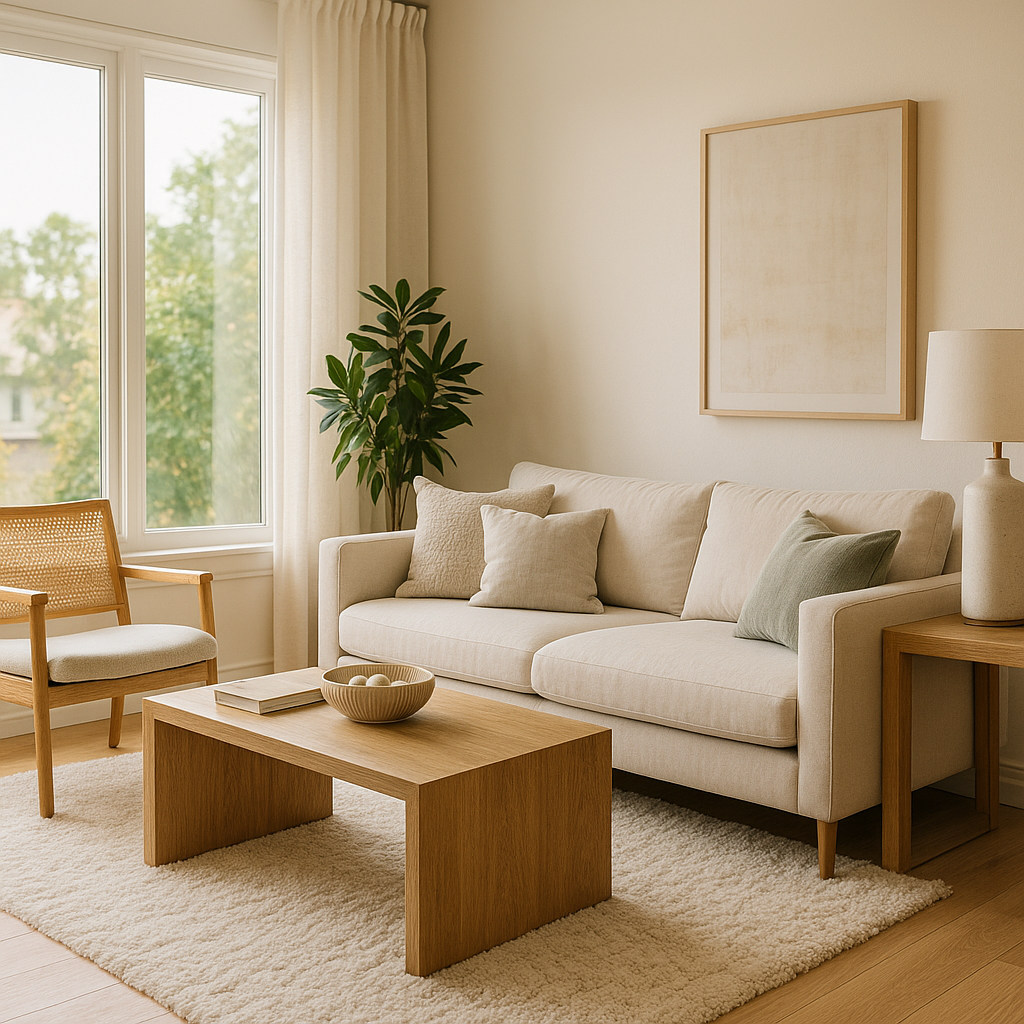 A high-resolution photograph of a cozy, sunlit living room featuring a neutral-toned sofa with beige and green accent pillows, a light wood coffee table with a decorative bowl and book, a woven chair, and a soft cream rug. Natural light filters through large windows with sheer curtains, casting a warm glow over the space. A potted plant and minimalist artwork complete the tranquil, homey atmosphere.