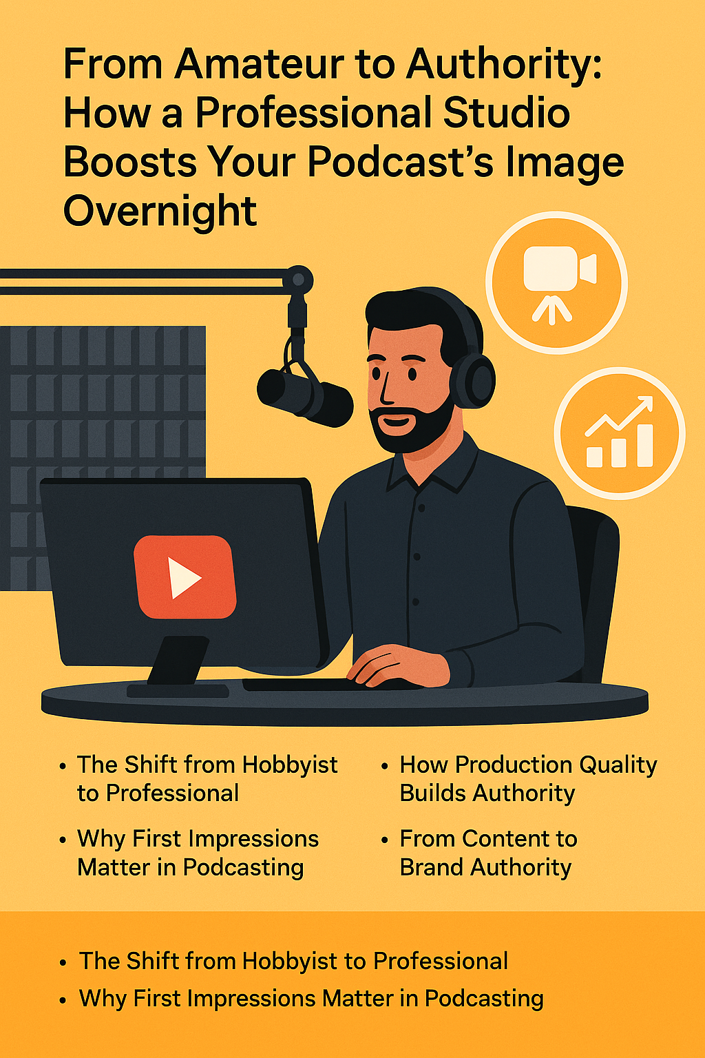 From Amateur to Authority: How a Professional Studio Boosts Your Podcast’s Image Overnight” shows a male podcaster with a short black beard wearing headphones and speaking into a professional boom microphone. He sits at a desk with a computer monitor displaying a red play button icon, symbolizing video or streaming content. The background is warm orange-yellow, with two circular icons: one depicting a video camera and the other a rising bar graph. Below, bullet points read: “The Shift from Hobbyist to Professional,” “Why First Impressions Matter in Podcasting,” “How Production Quality Builds Authority,” and “From Content to Brand Authority.