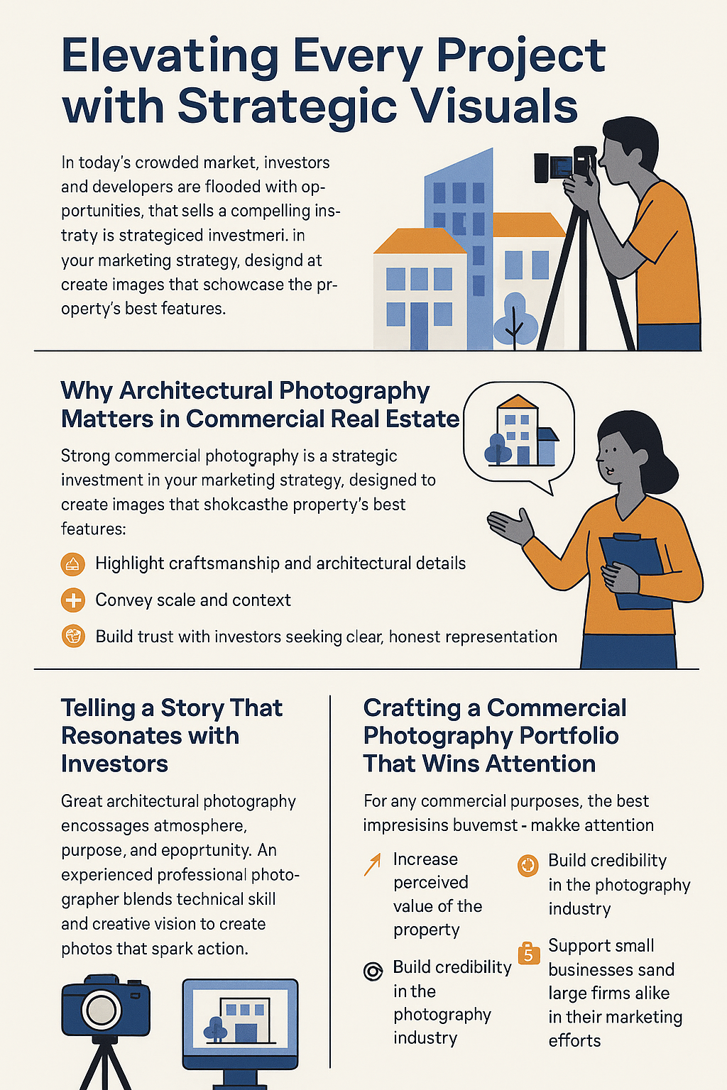 Infographic titled “Elevating Every Project with Strategic Visuals.” The design uses blue and orange colors with illustrations of buildings, a photographer with a camera on a tripod, and icons representing trust and value. The first section describes how architectural photography helps properties stand out by highlighting design, scale, and craftsmanship. Bullet points emphasize building trust with investors. The lower sections explain how strong photography tells a compelling story, increases perceived value, supports small businesses, and builds credibility in the industry. Additional icons depict clocks, checkmarks, and charts to visually reinforce key benefits.