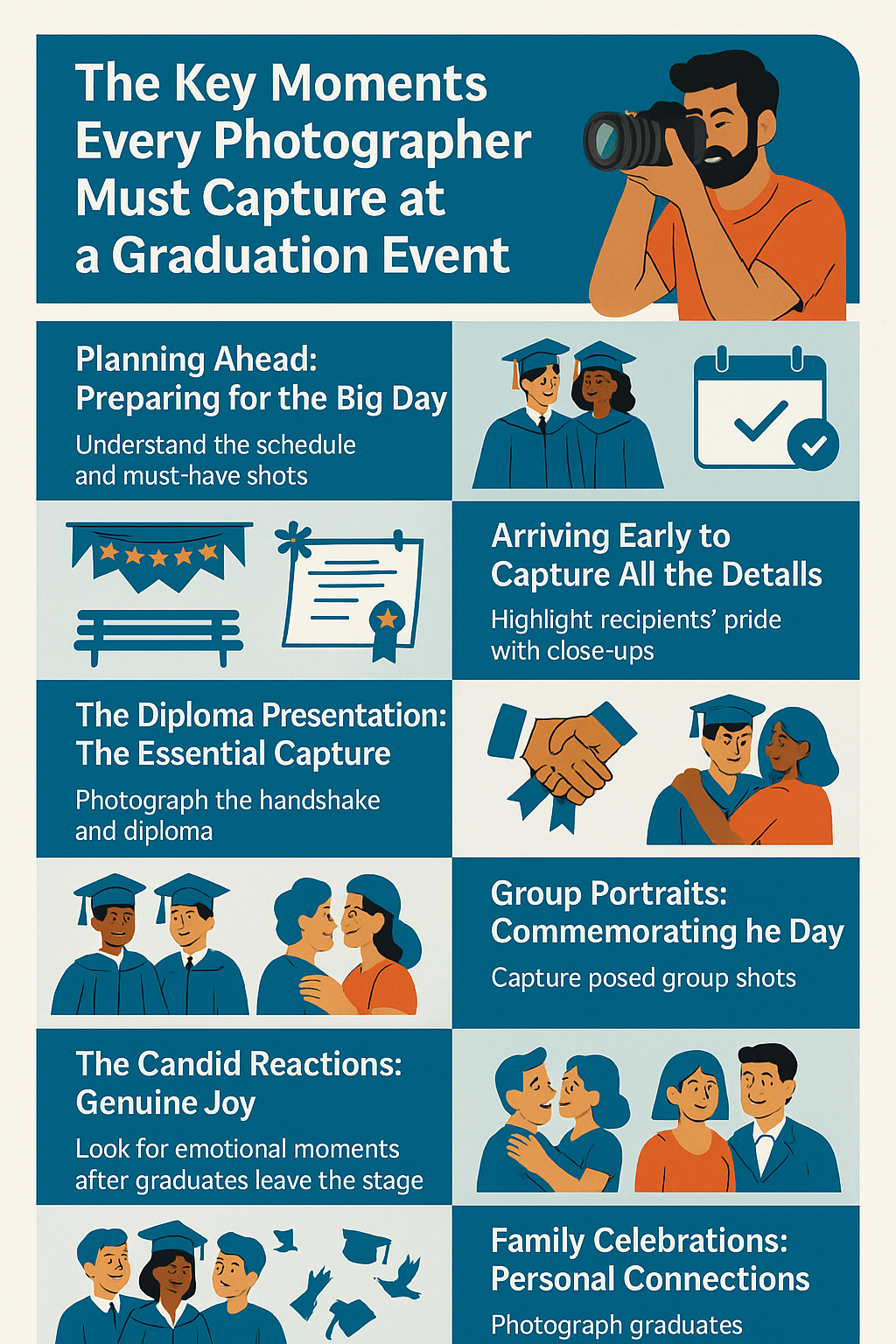 Planning Ahead: Preparing for the Big Day – Understand the schedule and must-have shots (icon of graduates and a calendar).