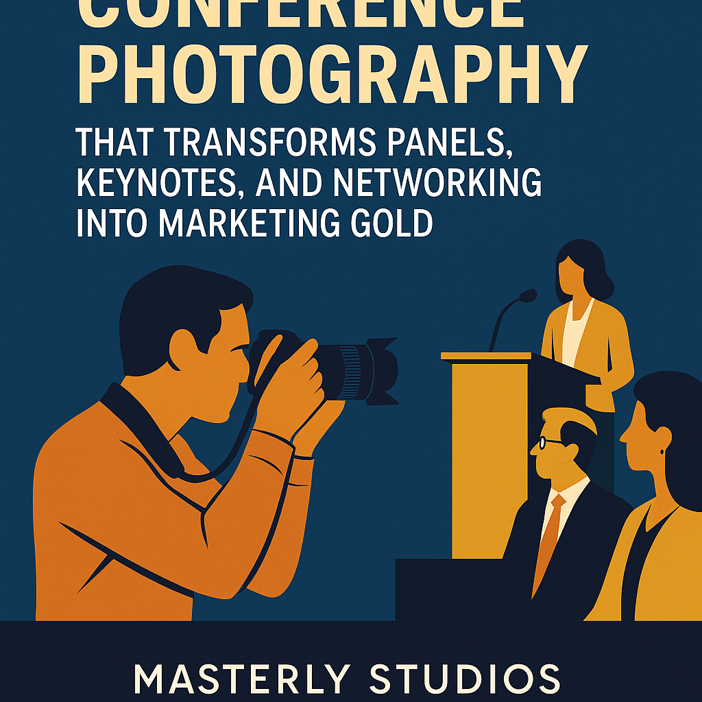 A promotional digital illustration for Masterly Studios features a deep blue background with bold yellow and white text that reads, “Conference Photography That Transforms Panels, Keynotes, and Networking into Marketing Gold.” The foreground depicts a photographer in orange taking a photo of a speaker at a podium, who is addressing an audience of illustrated attendees. The company name “Masterly Studios” appears at the bottom in clean, white, modern typography.
