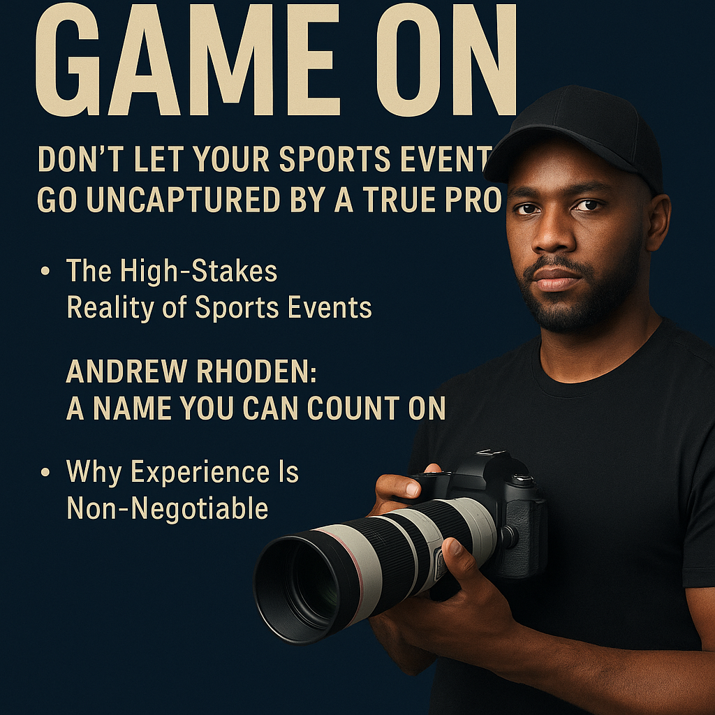 A digital promotional graphic titled “GAME ON” features bold beige text on a dark blue background, emphasizing the message “Don’t Let Your Sports Event Go Uncaptured by a True Pro.” On the right side, a focused male sports photographer, Andrew Rhoden, is shown holding a professional DSLR camera with a large telephoto lens. Bullet points highlight his expertise with phrases such as “The High-Stakes Reality of Sports Events,” “Andrew Rhoden: A Name You Can Count On,” and “Why Experience Is Non-Negotiable,” reinforcing his credibility and specialization in capturing high-intensity sports moments.