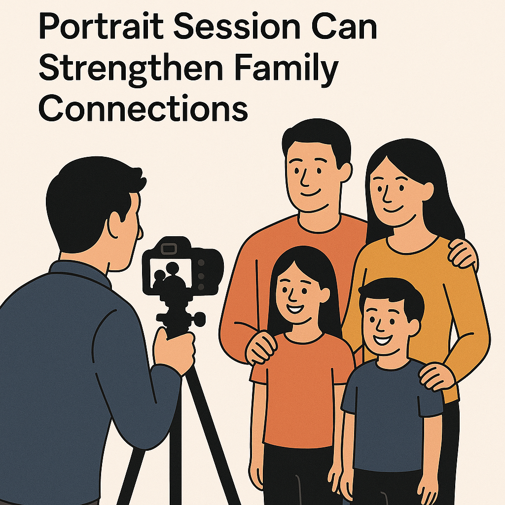 A flat-style digital illustration shows a smiling family of four—two parents and two children—posing together for a professional portrait session. A photographer is seen from behind, capturing the moment with a camera on a tripod. The scene is set against a warm beige background, with the headline “Portrait Session Can Strengthen Family Connections” displayed in bold text above.