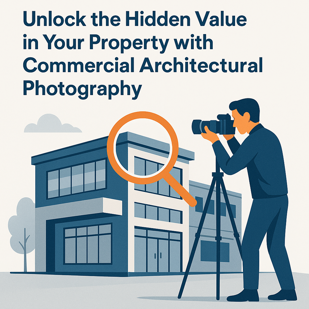 Digital illustration showing a professional commercial photographer using a DSLR camera on a tripod to photograph a modern two-story commercial building. A large orange magnifying glass overlays the building, symbolizing the discovery of hidden value through architectural photography. The scene features a clean, minimalist color palette of blue, orange, and gray, emphasizing professionalism and clarity. Trees and clouds in the background add depth and context to the setting. Text reads: