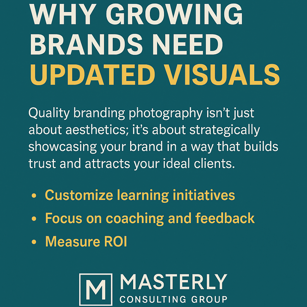 Digital graphic with a teal background titled “WHY GROWING BRANDS NEED UPDATED VISUALS.” The title uses bold white text for the first part and mustard yellow for “UPDATED VISUALS.” Below, a paragraph explains that quality branding photography is about strategically showcasing a brand to build trust and attract ideal clients. Three mustard yellow bullet points follow, emphasizing the need to customize learning initiatives, focus on coaching and feedback, and measure ROI. At the bottom, the
