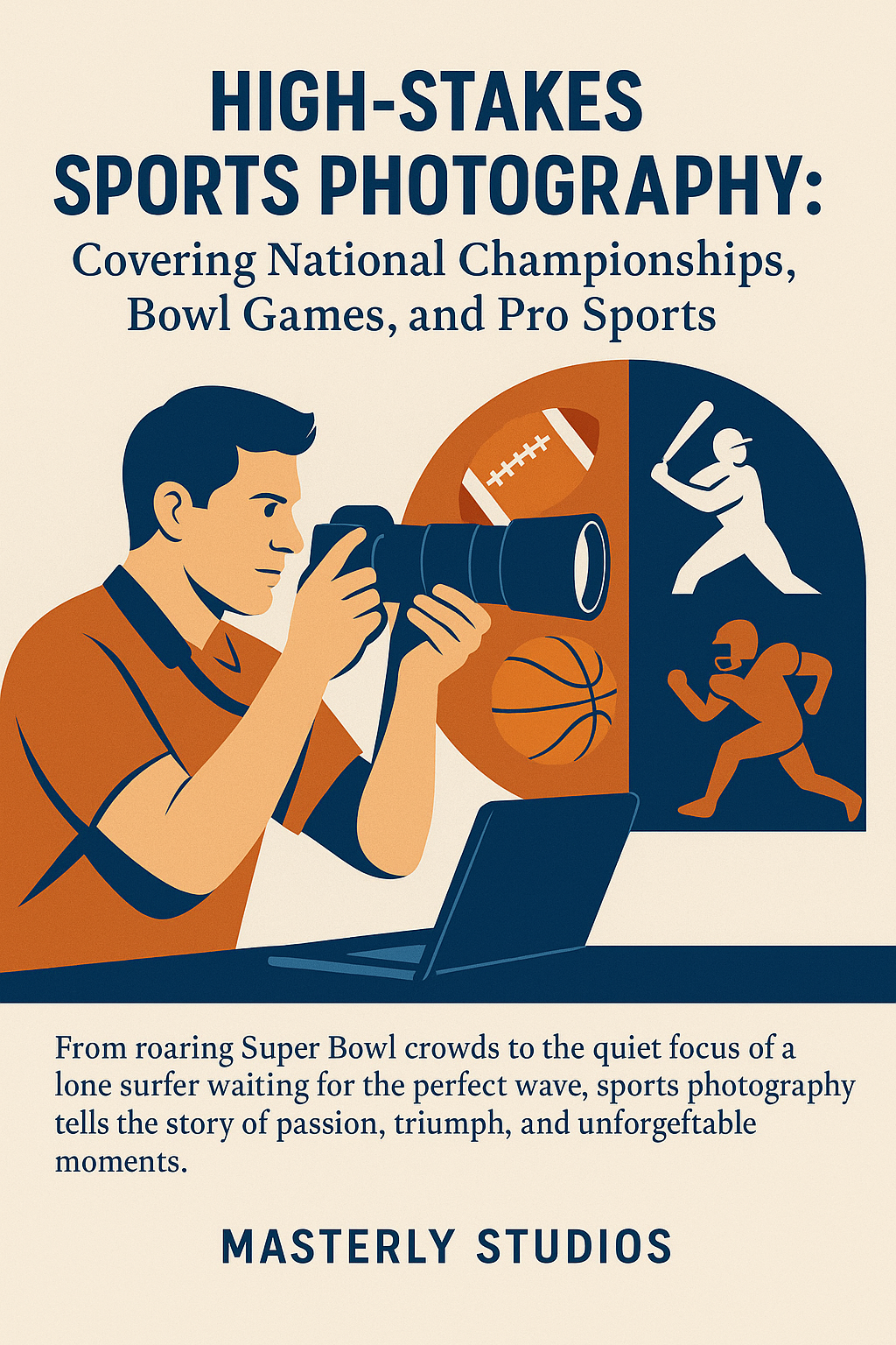 Promotional graphic for Masterly Studios titled “High-Stakes Sports Photography: Covering National Championships, Bowl Games, and Pro Sports.” The top features bold navy blue text on a light beige background. Below, an illustrated male sports photographer wearing an orange shirt aims a large professional camera. Behind him, a circular split background shows icons of a football, basketball, baseball player swinging a bat, and a football player running. A laptop sits in the foreground. The subtitle reads: “From roaring Super Bowl crowds to the quiet focus of a lone surfer waiting for the perfect wave, sports photography tells the story of passion, triumph, and unforgettable moments.” The Masterly Studios name appears at the bottom.