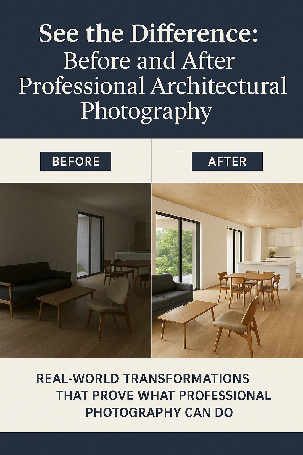 Side-by-side comparison infographic titled “See the Difference: Before and After Professional Architectural Photography.” The left “BEFORE” photo shows a modern living room with dim lighting, muted colors, and less visual clarity. The right “AFTER” photo displays the same space brightly lit, with vibrant colors, sharp details, and enhanced depth. The transformation highlights how professional photography elevates the look and appeal of architectural spaces.