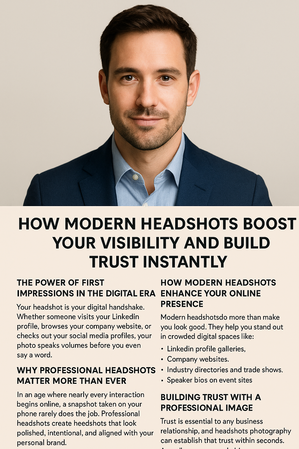 A professional infographic titled “How Modern Headshots Boost Your Visibility and Build Trust Instantly.” The top half shows a confident, well-groomed man with short dark hair, wearing a navy blazer and light blue shirt, smiling slightly in front of a neutral background. The bottom half contains text explaining the benefits of professional headshots, including making strong first impressions online, enhancing visibility on LinkedIn and company websites, and building trust through polished, authentic imagery. Bullet points highlight key advantages and tips for maximizing online presence.