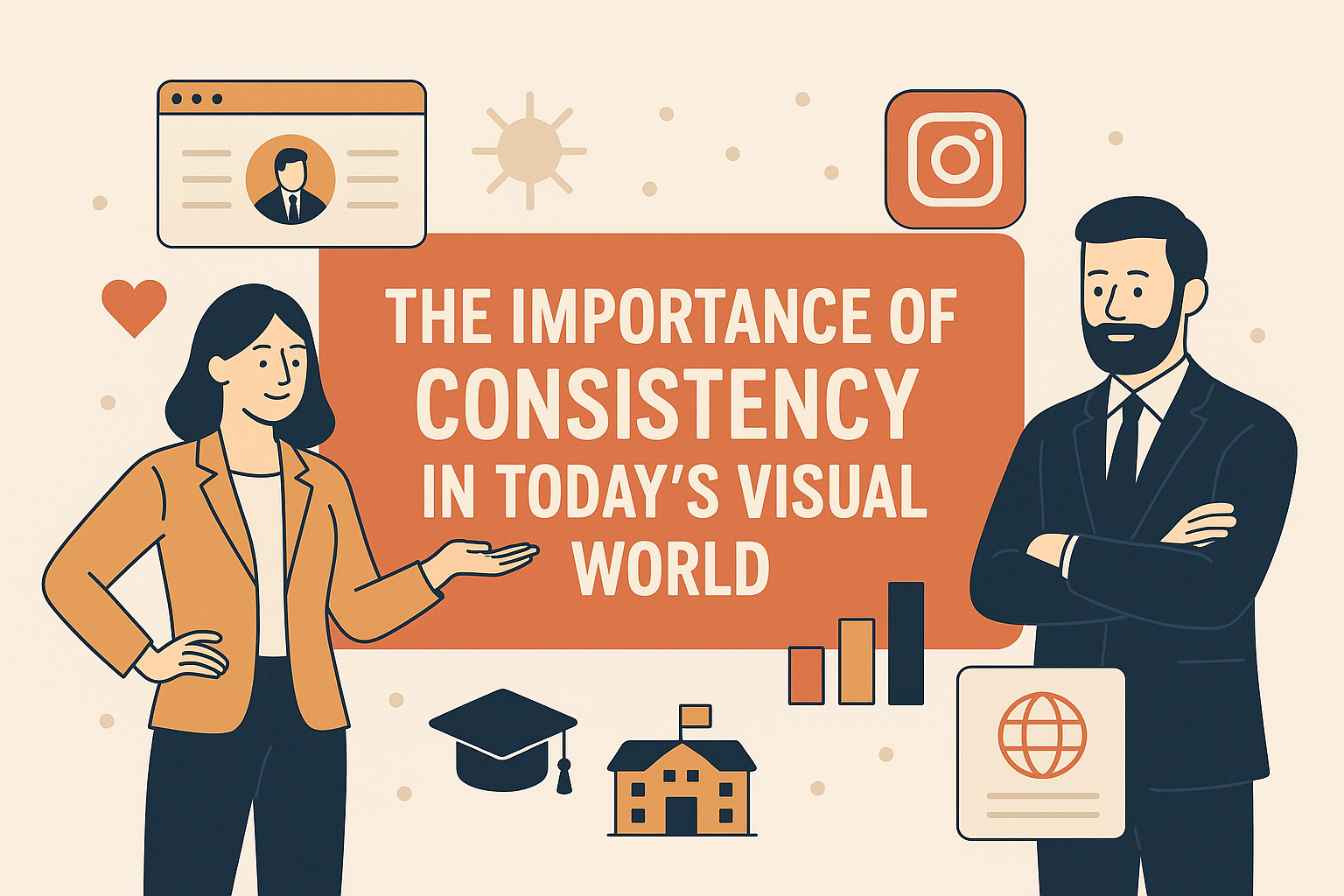 Flat-style digital illustration with the title 'THE IMPORTANCE OF CONSISTENCY IN TODAY'S VISUAL WORLD' in bold white letters on an orange-red banner. On the left, a woman in a mustard blazer gestures with confidence, while on the right, a man in a navy suit stands with arms crossed. Surrounding them are icons representing branding and digital presence, including a browser window, Instagram logo, graduation cap, school building, heart, sun, and a bar chart, emphasizing the need for visual consistency across platforms.