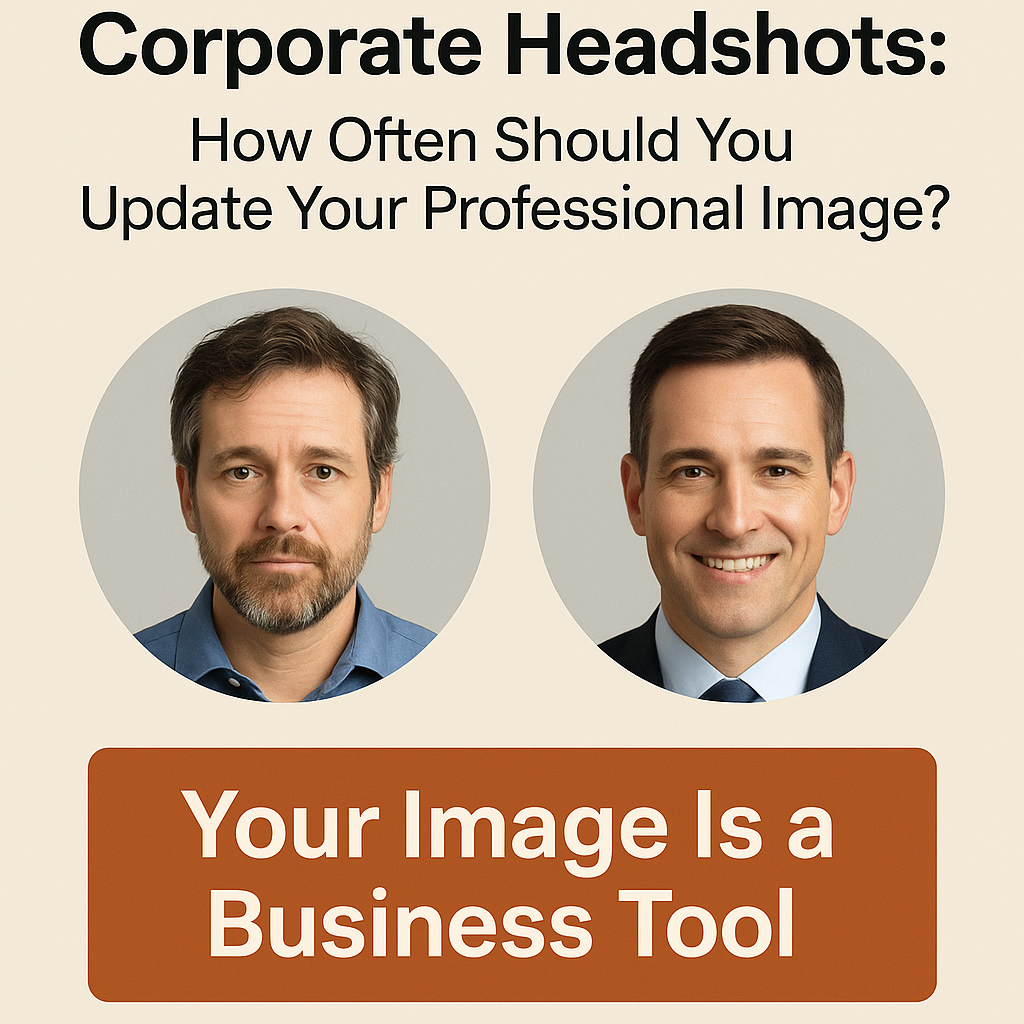 Graphic titled “Corporate Headshots: How Often Should You Update Your Professional Image?” featuring two circular headshots side by side—on the left, an older, unkempt image of a man in a casual shirt, and on the right, a polished, professional image of the same man in a suit, smiling. Below the headshots is a bold caption on a rust-colored background: “Your Image Is a Business Tool.” The visual highlights the impact of updating professional headshots.