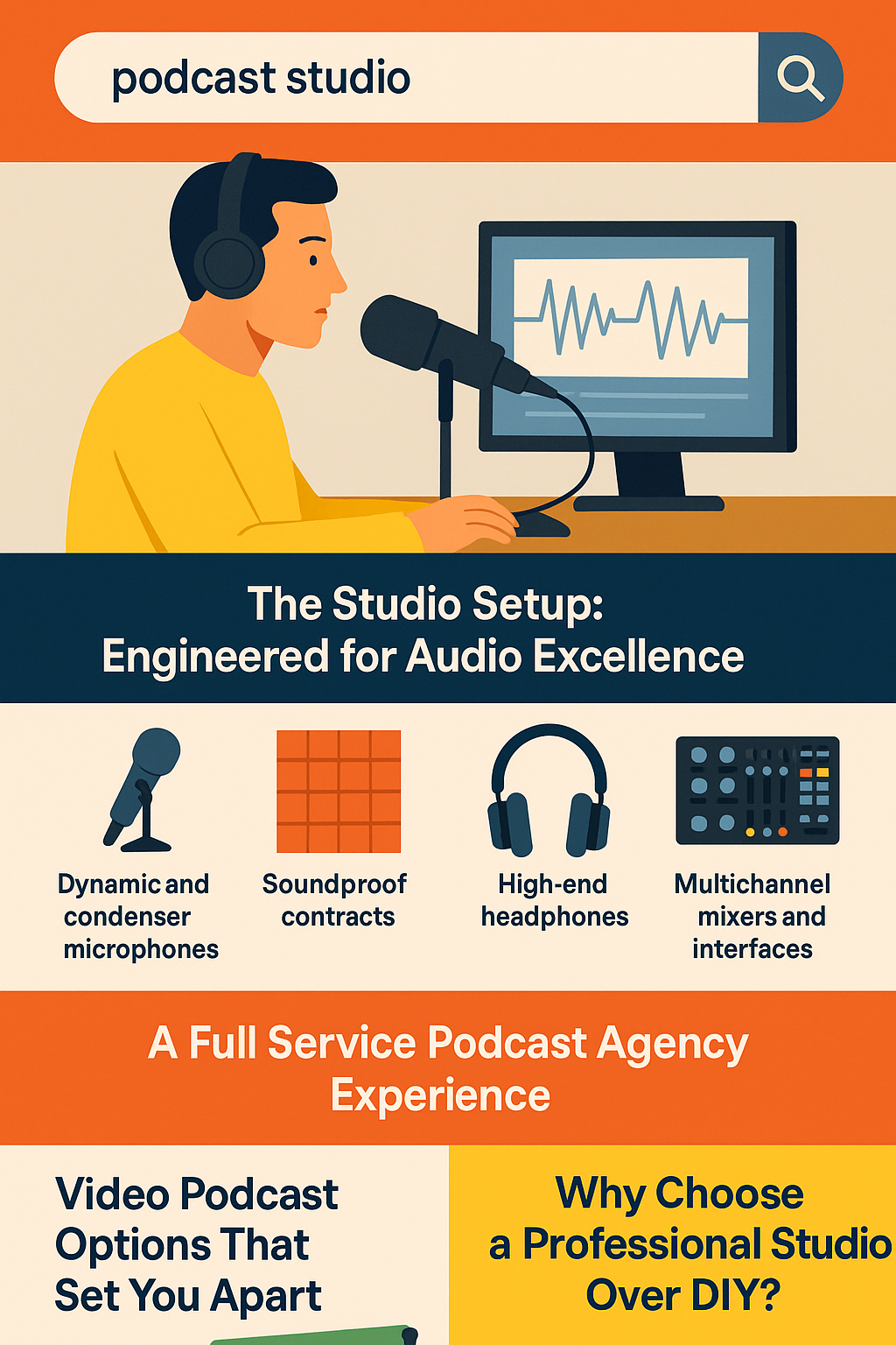 A flat-design infographic titled “Why Professional Sound Matters More Than Ever” uses vibrant orange, blue, yellow, and beige colors to emphasize podcast studio benefits. The top section shows a person speaking into a microphone with audio waves on a monitor, under a search bar labeled “podcast studio.” The infographic highlights professional podcast gear: dynamic and condenser microphones, soundproofing, high-end headphones, and multichannel mixers. Additional sections promote a full-service podcast agency experience, video podcasting options, and reasons to choose a professional studio over DIY setups. Icons and illustrations reinforce themes of quality audio production and strategic podcast growth.