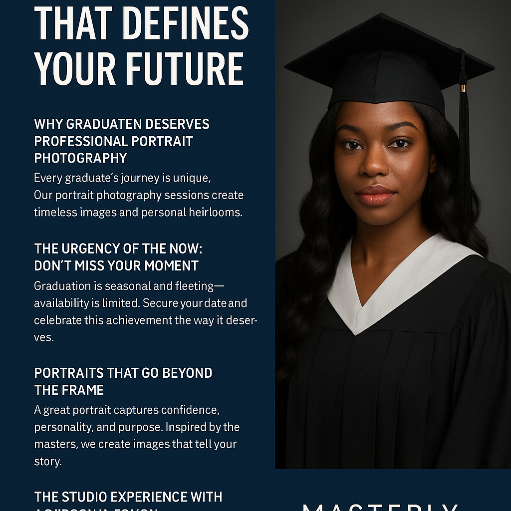 A digital promotional graphic for Masterly Studios featuring a professionally lit graduation portrait of a young African American woman wearing a black cap and gown with a white collar. She stands confidently against a dark gray background, gazing directly at the camera with a calm, proud expression. On the left side, the graphic has a dark blue background with bold white text that reads, 