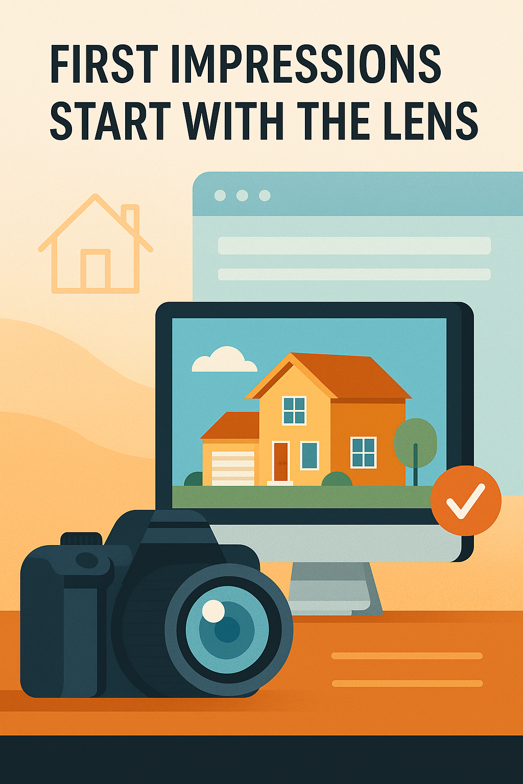 A flat-style digital illustration promotes professional real estate photography. At the top, the text reads “FIRST IMPRESSIONS START WITH THE LENS.” Below, a black DSLR camera sits in front of a desktop monitor displaying a bright, welcoming image of a yellow house with a red roof, green landscaping, and a blue sky. A checkmark icon reinforces quality, while a simple house outline in the background emphasizes the real estate theme. The color palette features warm oranges and cool blues, creating a balanced and inviting visual.