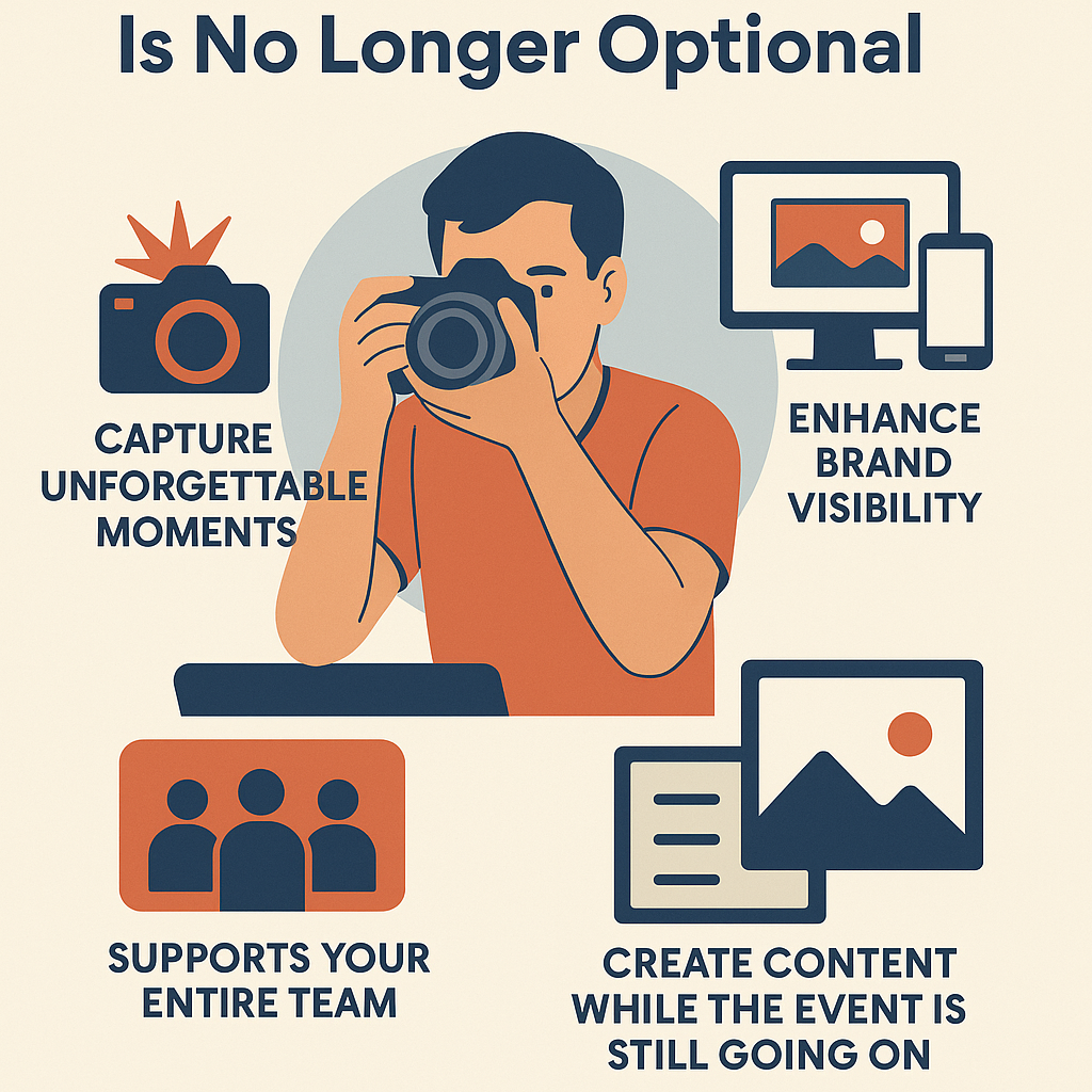 A digital infographic emphasizing the importance of real-time event photography features a central illustration of a photographer in action, surrounded by four icons. Each icon includes a heading: a camera with
