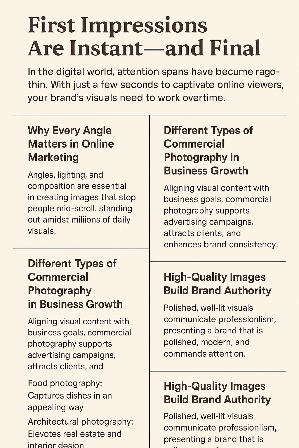 Infographic titled 'First Impressions Are Instant—and Final' emphasizing the importance of high-quality commercial photography in digital marketing. It includes four sections: Why Every Angle Matters in Online Marketing, Different Types of Commercial Photography in Business Growth, and High-Quality Images Build Brand Authority (repeated). The layout uses beige background panels and bold headings to highlight how professional visuals enhance brand perception and support business growth.