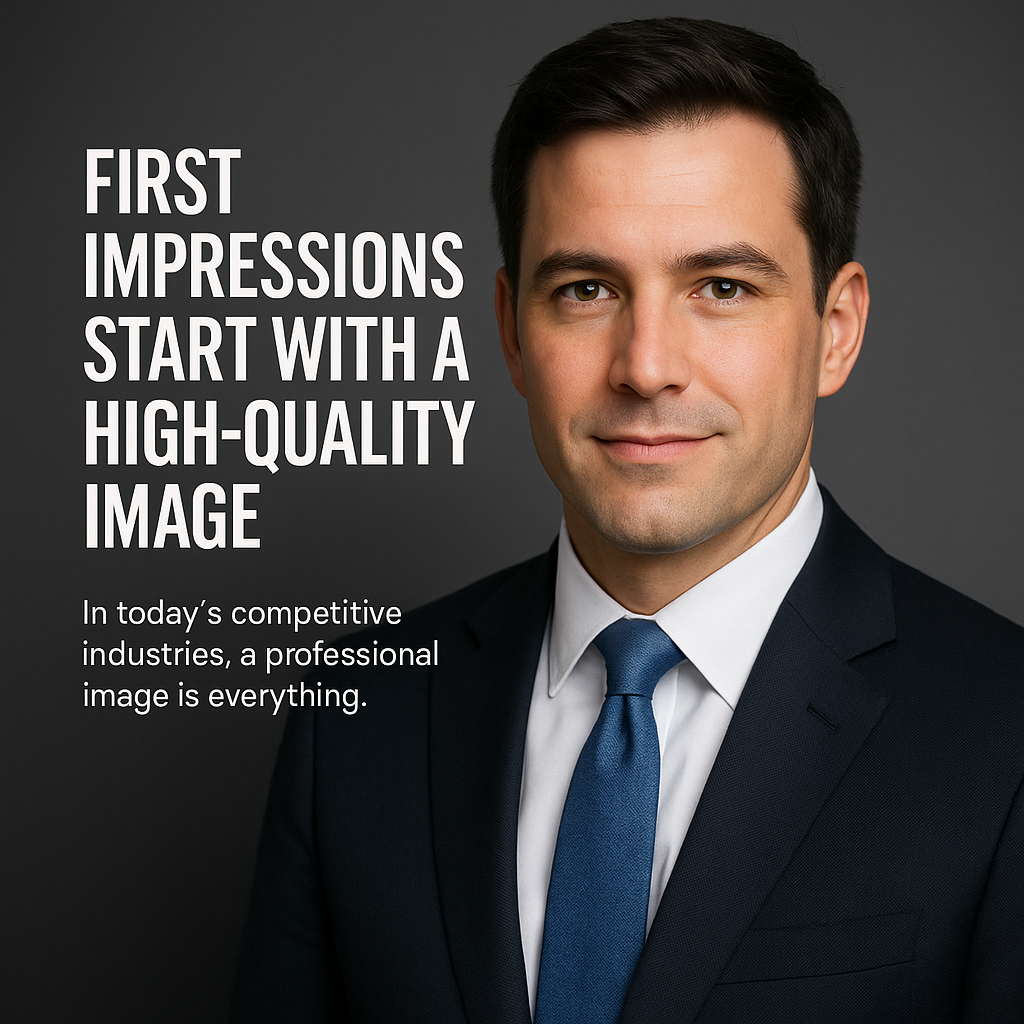 Professional headshot of a confident Caucasian man in his 30s or 40s with neatly styled dark brown hair, wearing a navy suit, white shirt, and blue tie. He stands against a neutral gray background, looking directly at the camera with a slight smile. To the left, bold white text reads: “First Impressions Start with a High-Quality Image” followed by a smaller caption: “In today’s competitive industries, a professional image is everything.