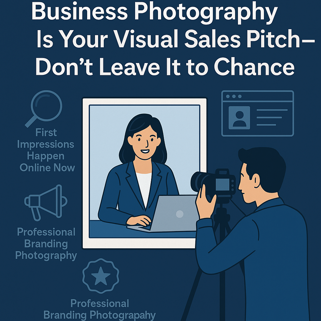 Digital illustration featuring the headline “Business Photography Is Your Visual Sales Pitch—Don’t Leave It to Chance” in bold white text on a dark blue background. Below, a female professional in a blue blazer poses for a branding photo while a male photographer captures her image with a DSLR camera. Surrounding them are icons including a magnifying glass labeled “First Impressions Happen Online Now,” a megaphone and a badge icon both labeled “Professional Branding Photography,” and a web browser icon, emphasizing the importance of visual strategy in modern business marketing.