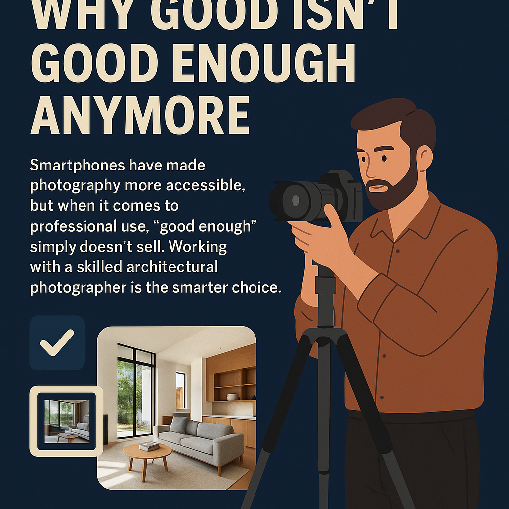A promotional digital graphic features a navy blue background with bold cream-colored text at the top reading, “WHY GOOD ISN’T GOOD ENOUGH ANYMORE.” Below, white subtext emphasizes the need for skilled architectural photographers over smartphone images for professional use. On the right, an illustrated male photographer in a burnt orange shirt holds a DSLR camera mounted on a tripod. On the left, a framed image of a modern, well-lit living room is displayed alongside a checkmark icon, highlighting professional-quality interior photography. The design visually reinforces the message that professional results require professional tools and expertise.
