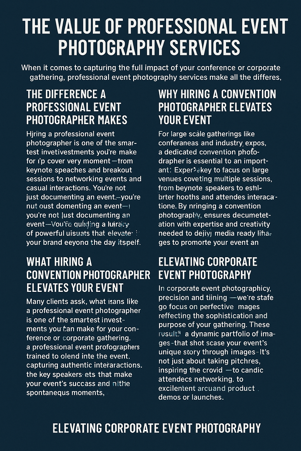 Bold white text reading ‘HOW EVENT PHOTOGRAPHERS HELP CONFERENCES CREATE MEDIA-READY CONTENT’ at the top on a dark blue textured background, followed by paragraphs explaining the importance of capturing high-quality, media-ready images at conferences for marketing and promotional use.