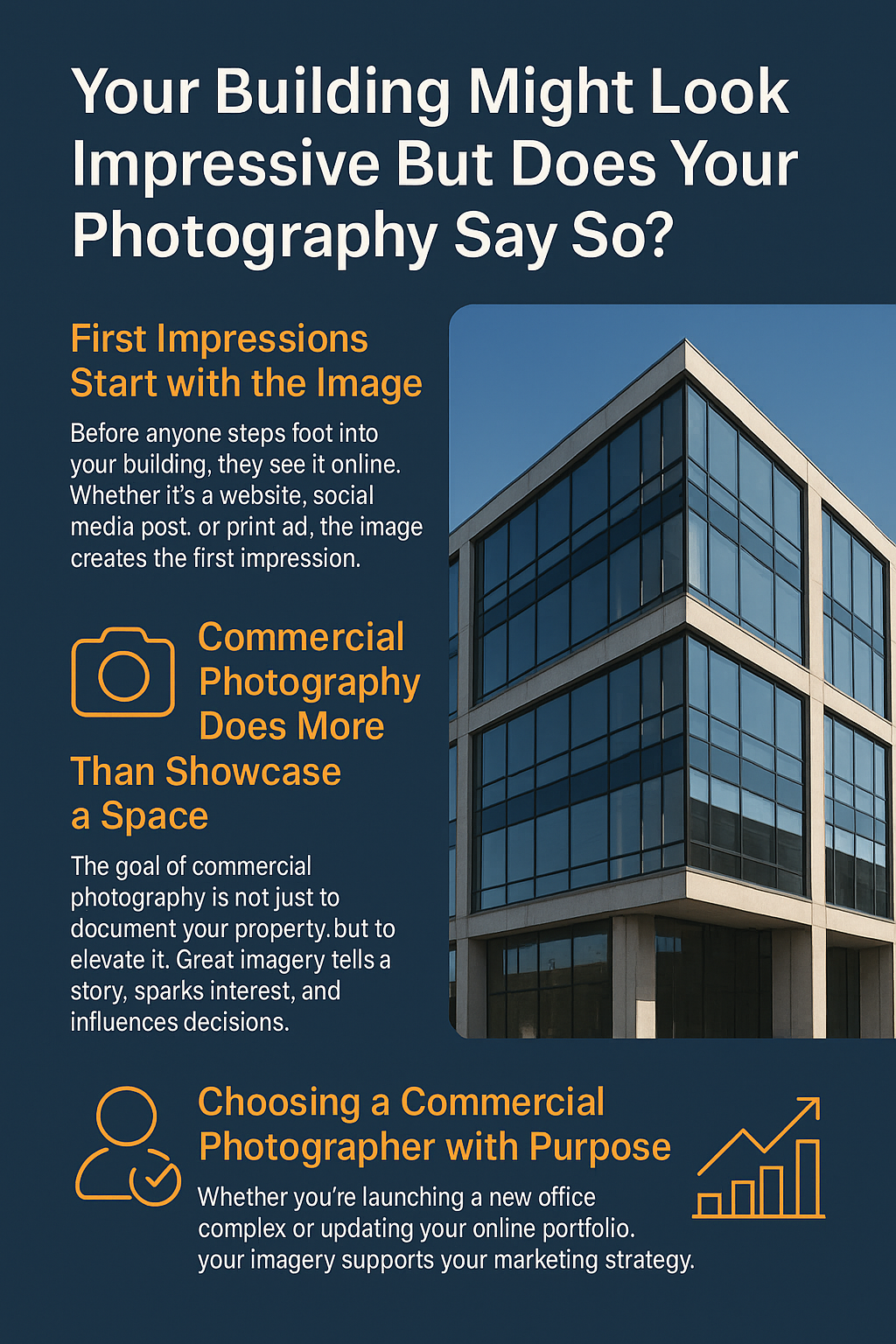 Digital graphic advertisement with a navy blue background titled 'Your Building Might Look Impressive But Does Your Photography Say So?' It features three orange-accented sections emphasizing: 1) the importance of first impressions through imagery; 2) the role of commercial photography in elevating a space; and 3) the value of choosing a skilled commercial photographer. Each section includes an orange icon—camera, user profile with checkmark, and upward-trending bar graph. On the right side, there is a high-resolution photo of a modern glass office building under a clear blue sky.