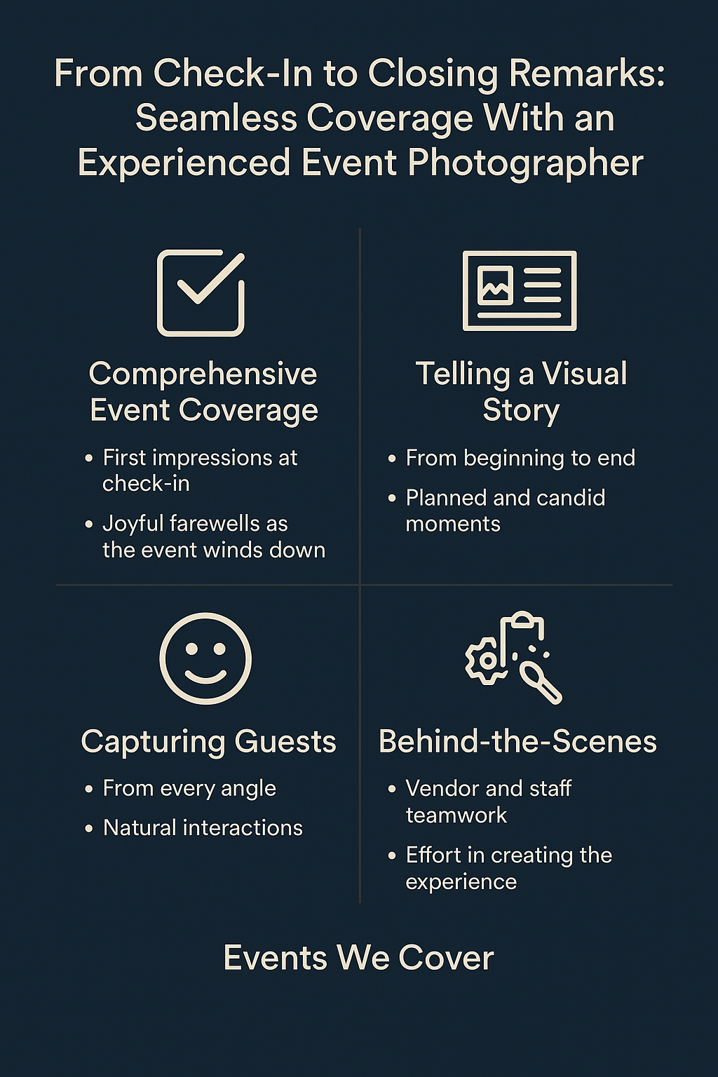 Checkmark icon with 'Comprehensive Event Coverage' and bullet points 'First impressions at check-in' and 'Joyful farewells as the event winds down.