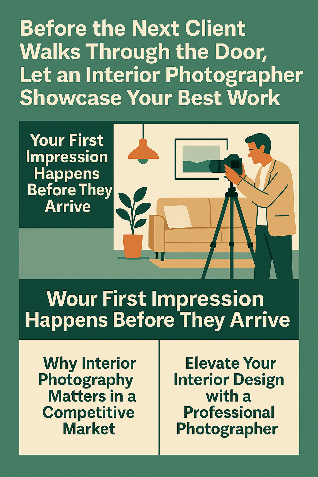A 2D digital promotional infographic titled “Before the Next Client Walks Through the Door, Let an Interior Photographer Showcase Your Best Work.” The top features the title in bold beige text on a green background. The visual includes a male interior photographer with a camera on a tripod, photographing a well-styled living room with a couch, plant, artwork, and hanging lamp.
Below the main image, the text “Your First Impression Happens Before They Arrive” is repeated in large print. The bottom section contains two beige boxes with dark green text:
Left box: “Why Interior Photography Matters in a Competitive Market”
Right box: “Elevate Your Interior Design with a Professional Photographer”
The color scheme includes green, beige, off-white, orange, and dark green, with clean typography and flat design icons.