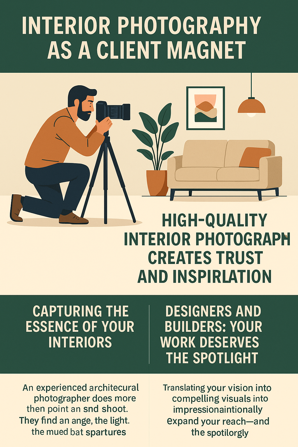A 2D digital promotional poster titled “Interior Photography as a Client Magnet.” The design features a green header with bold beige text. Below, a male photographer in an orange shirt kneels with a camera on a tripod, photographing a stylish living room with a beige couch, orange pillow, framed wall art, hanging lamp, and a potted plant.
To the right, large text reads: “High-quality interior photography creates trust and inspiration.”
The lower section is divided into two beige panels:
Left Panel: “Capturing the Essence of Your Interiors” with supporting text about how an experienced architectural photographer finds the right angle, light, and mood.
Right Panel: “Designers and Builders: Your Work Deserves the Spotlight” with supporting text encouraging professionals to showcase their work through compelling visuals.
The color scheme includes green, beige, orange, and off-white, using a clean flat design style.