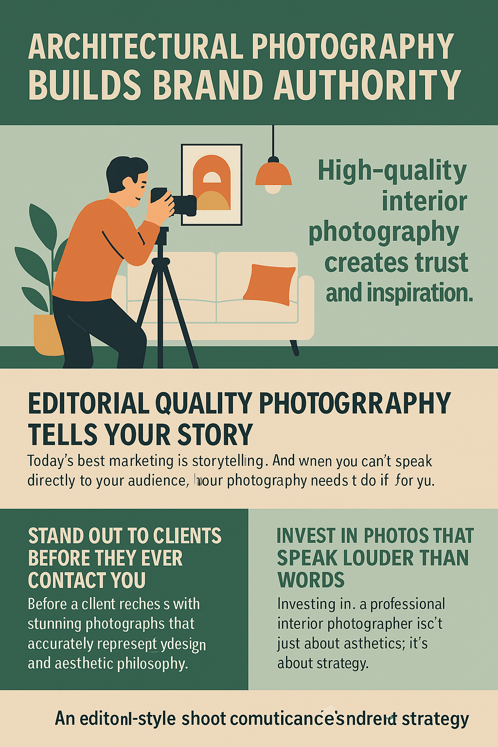 A 2D digital promotional poster titled “Architectural Photography Builds Brand Authority.” The layout features a green and beige color scheme with four main sections:
Top Section: A male photographer in an orange shirt kneels with a camera on a tripod, photographing a stylish interior with a couch, framed artwork, a potted plant, and a hanging lamp. Beside him, the text reads: “High-quality interior photography creates trust and inspiration.”
Middle Section: A beige banner with the heading “Editorial Quality Photography Tells Your Story,” followed by subtext emphasizing storytelling and audience engagement through visuals.
Bottom Left Panel: “Stand Out to Clients Before They Ever Contact You,” with text encouraging brands to use stunning photography to shape client perception.
Bottom Right Panel: “Invest in Photos That Speak Louder Than Words,” promoting photography as a strategic branding investment.
A footer message reads: “An editorial-style shoot communicates enduring strategy,” reinforcing the poster’s theme of brand storytelling through photography.
