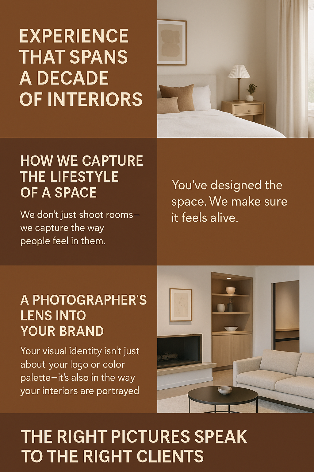 Top Left: Bold text reads “Experience That Spans a Decade of Interiors.