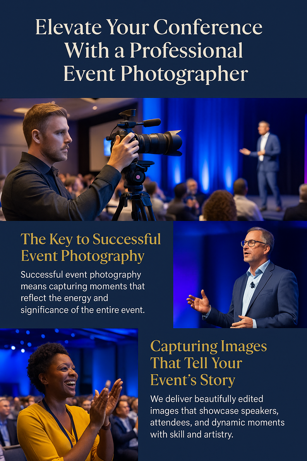 Infographic titled ‘Elevate Your Conference With a Professional Event Photographer,’ featuring three sections on a navy background with gold text and photos of a photographer in action, a keynote speaker, and an enthusiastic attendee. It highlights the value of capturing key moments, the importance of storytelling through photography, and delivering quality, edited event images.