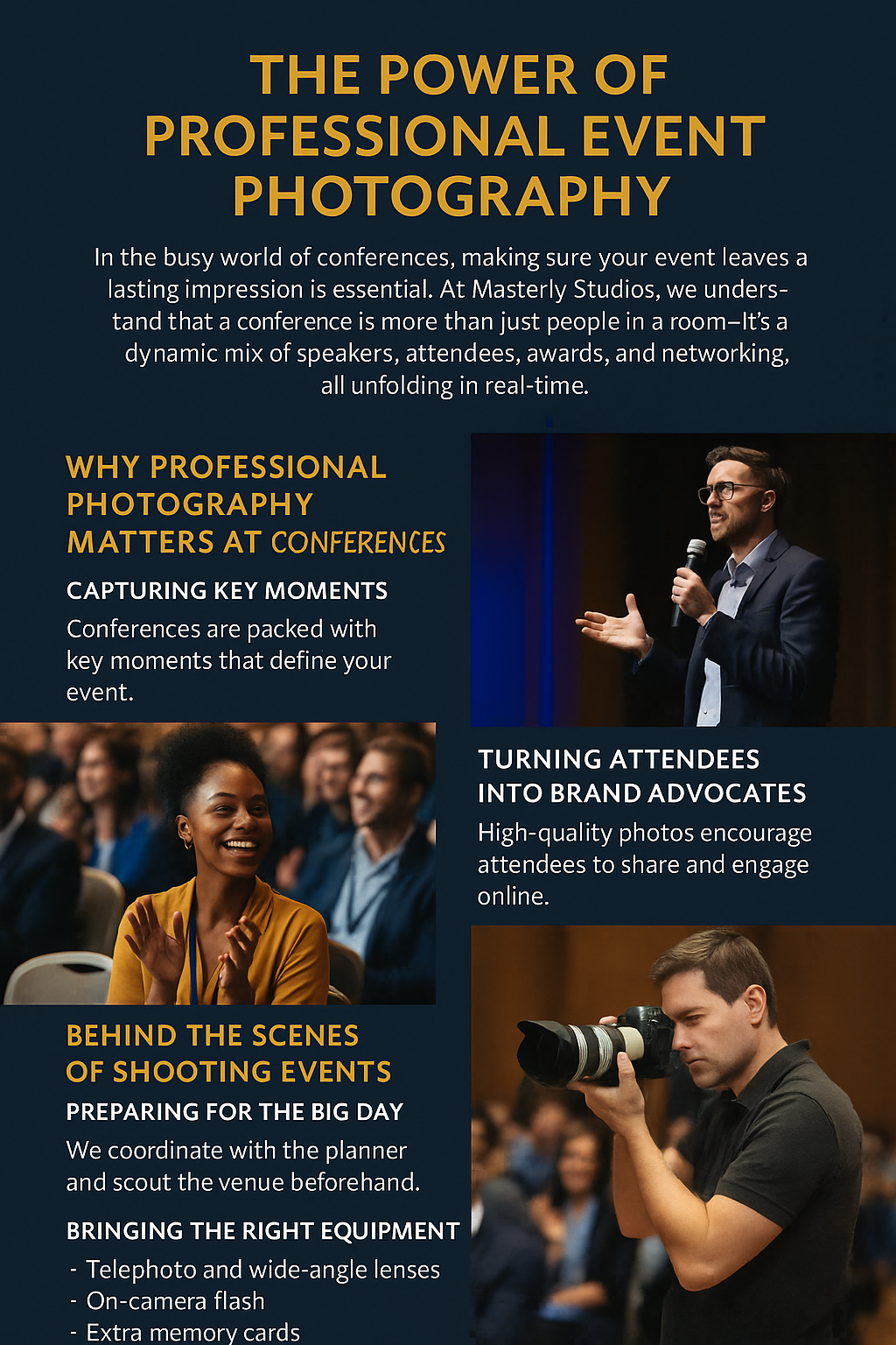 Infographic titled ‘The Power of Professional Event Photography,’ featuring a navy background with gold and white text and images of a speaker, an engaged audience member, and a photographer. It highlights why professional photography matters at conferences, how it turns attendees into brand advocates, and what happens behind the scenes, including preparation and specialized equipment.