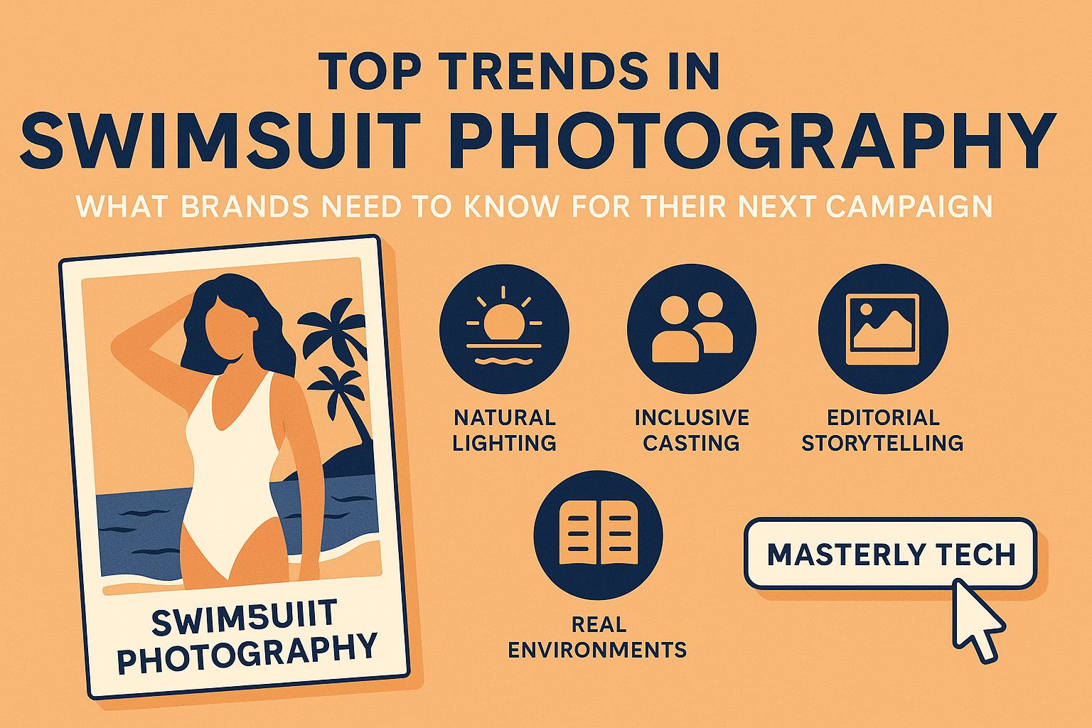 A 2D digital graphic features a peach-orange background with the bold navy blue headline “TOP TRENDS IN SWIMSUIT PHOTOGRAPHY” and a white subheading “What Brands Need to Know for Their Next Campaign.” On the left, there’s an illustrated Polaroid-style photo of a woman in a white swimsuit posing on a beach with palm trees and ocean waves. To the right, four navy blue icons are labeled: “Natural Lighting” with a sun icon, “Inclusive Casting” with two user figures, “Editorial Storytelling” with a framed photo icon, and “Real Environments” with an open book. At the bottom right is a white button labeled “MASTERLY TECH” with a cursor pointing at it.