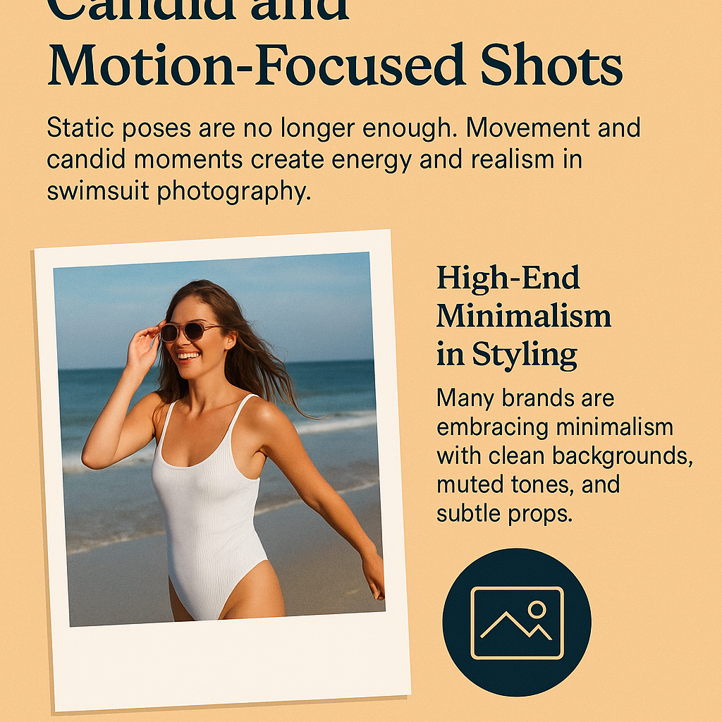 A digital infographic features the title “Candid and Motion-Focused Shots” in bold navy text on a warm beige-orange background. The left side displays a Polaroid-style photo of a smiling woman in a white swimsuit walking along a sunlit beach while adjusting her sunglasses. The right side includes a section titled “High-End Minimalism in Styling,” with text explaining the trend of using clean backgrounds, muted tones, and subtle props in swimsuit photography. Below the text is a navy blue icon of a minimalist photo frame.