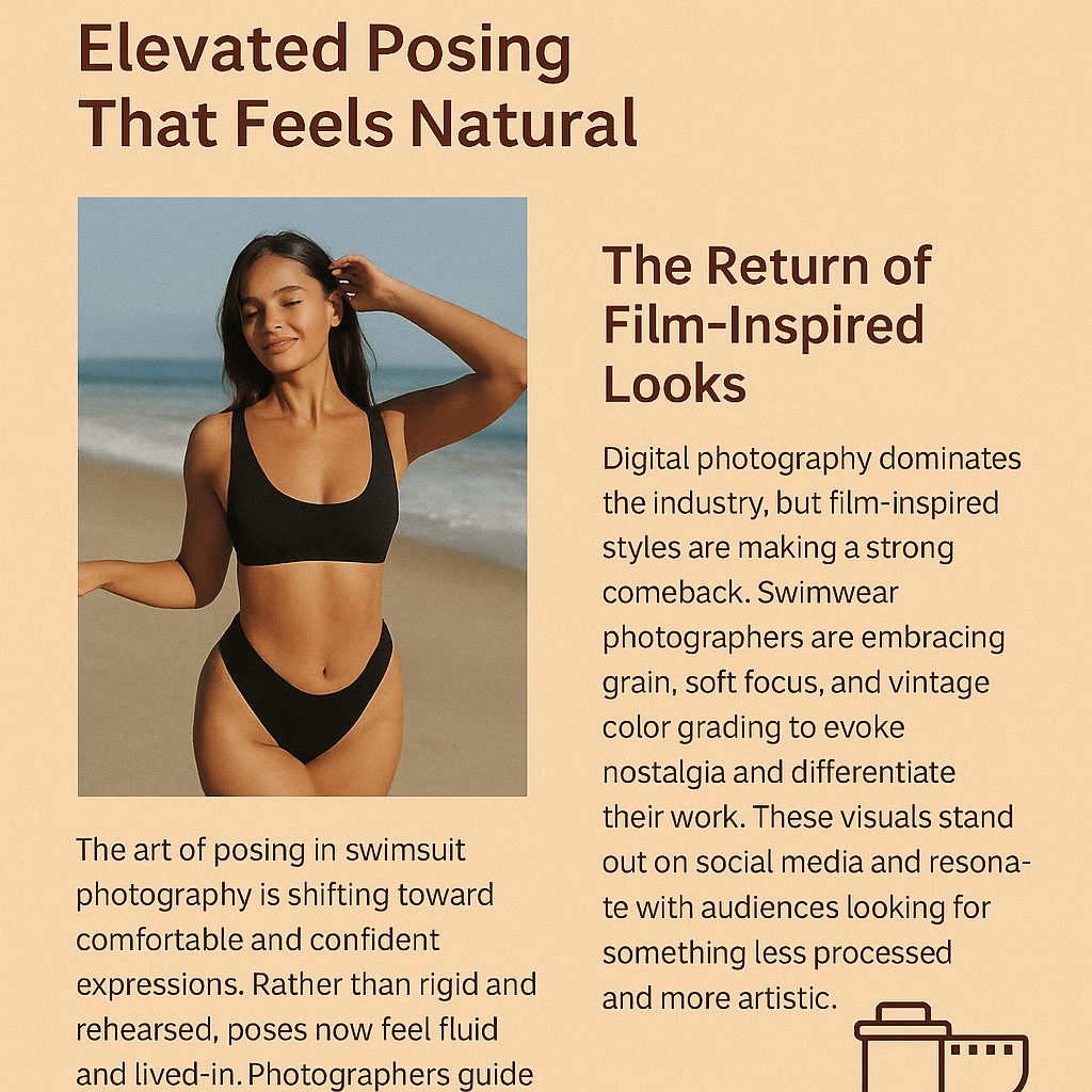A split-format digital infographic on a warm beige background features two key trends in swimsuit photography. The left side shows a serene beach photo of a woman in a black swimsuit posing naturally with her eyes closed and hand touching her hair, beneath the heading “Elevated Posing That Feels Natural.” Below the image, a paragraph explains the shift toward fluid, confident posing. The right side, titled “The Return of Film-Inspired Looks,” describes the resurgence of vintage photography styles like grain, soft focus, and nostalgic color grading. A small film camera icon is placed at the bottom of the text block.