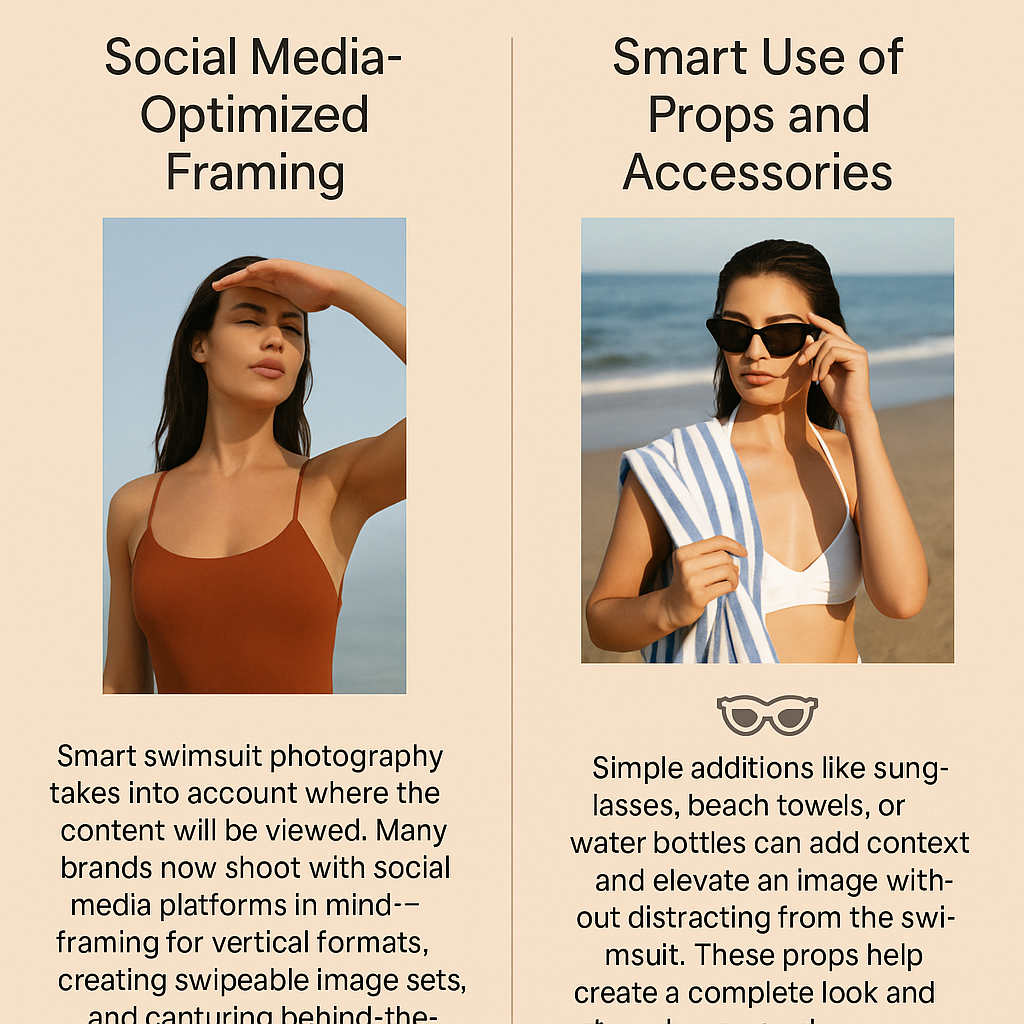 A split-screen digital infographic on a beige background showcases two swimsuit photography strategies. The left panel, titled “Social Media-Optimized Framing,” features a woman in a burnt-orange swimsuit posing vertically against a sky backdrop, with accompanying text explaining the importance of vertical formats and platform-specific content. The right panel, titled “Smart Use of Props and Accessories,” displays a woman on the beach in a white swimsuit, holding a striped towel and adjusting black sunglasses. Below her image, a sunglasses icon precedes a description of how subtle props can enhance storytelling without distracting from the swimsuit.