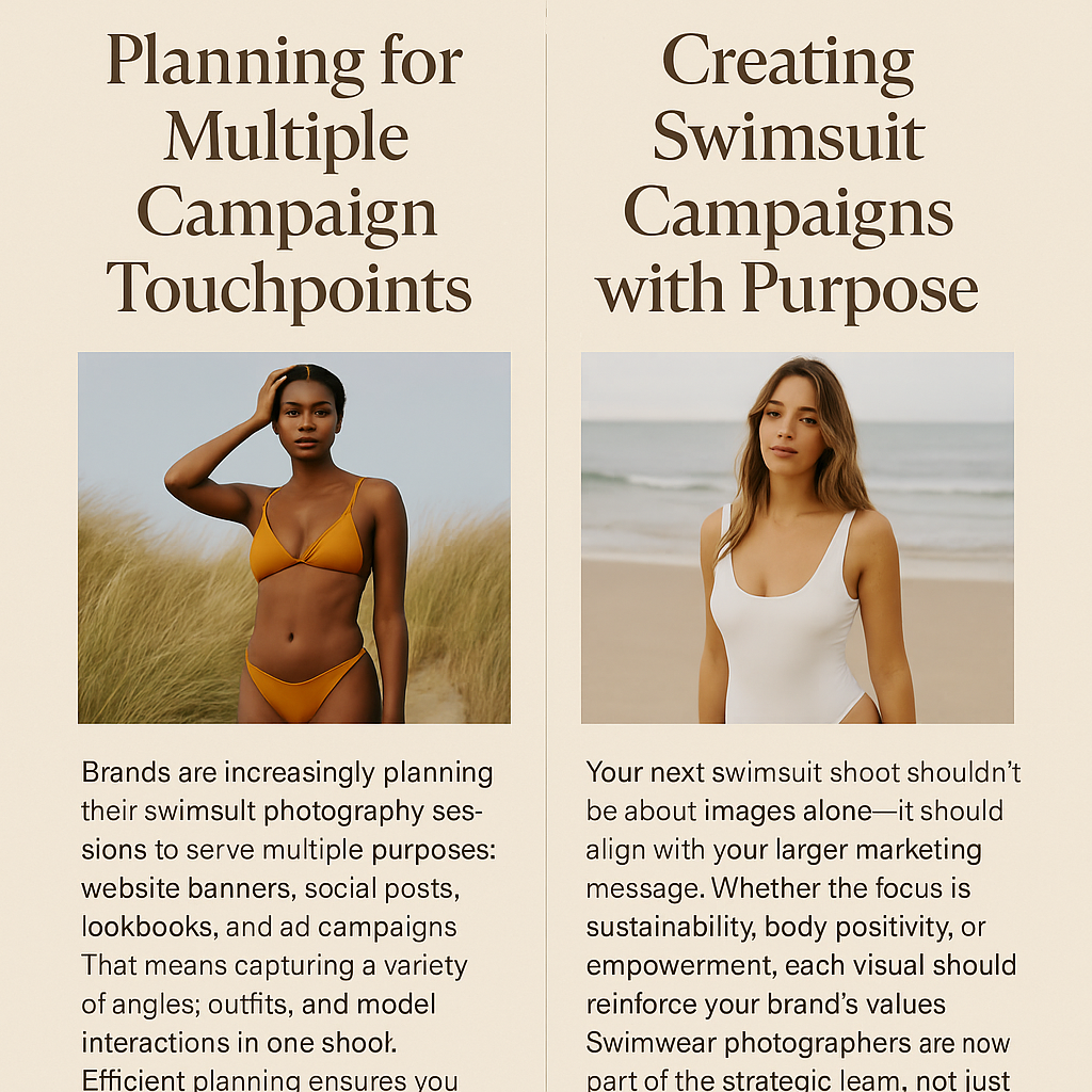 A two-part informational digital graphic on a beige background presents strategies for swimsuit campaigns. The left section, titled “Planning for Multiple Campaign Touchpoints,” features a confident Black model in a mustard-yellow bikini standing in tall beach grass. Below, text explains the importance of capturing diverse visuals for use across websites, social media, and ads. The right section, titled “Creating Swimsuit Campaigns with Purpose,” shows a model in a white one-piece swimsuit standing calmly on the beach. The accompanying text emphasizes aligning campaign imagery with brand values such as sustainability and empowerment.