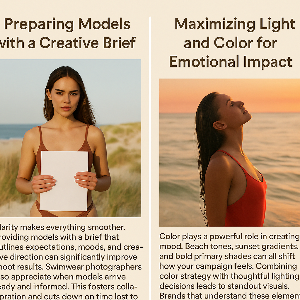 A two-paneled digital infographic on a beige background presents strategies for effective swimsuit photography. The left panel, titled “Preparing Models with a Creative Brief,” features a model in a rust-colored swimsuit holding a sheet of paper while standing on a grassy beach. Below the image, text emphasizes the importance of outlining expectations and creative direction for models. The right panel, titled “Maximizing Light and Color for Emotional Impact,” shows a model in a red swimsuit standing on the beach at sunset, her head tilted back as warm lighting enhances the mood. The accompanying text explains how thoughtful use of light and color creates emotional resonance in photos.