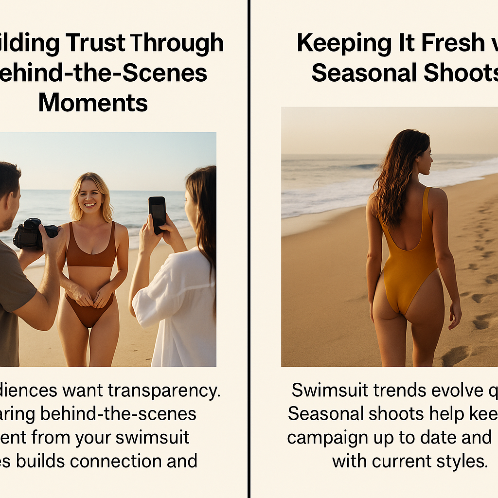 A two-panel digital infographic on a beige background presents strategies for effective swimsuit campaigns. The left panel, titled “Building Trust Through Behind-the-Scenes Moments,” shows a smiling model in a brown swimsuit posing on a beach while being filmed and photographed by two crew members, illustrating transparency and authenticity. The right panel, titled “Keeping It Fresh with Seasonal Shoots,” features a woman in a mustard-yellow swimsuit walking along the shoreline, emphasizing the importance of updating visuals to reflect current swimsuit trends. Each panel includes black text descriptions beneath the images.