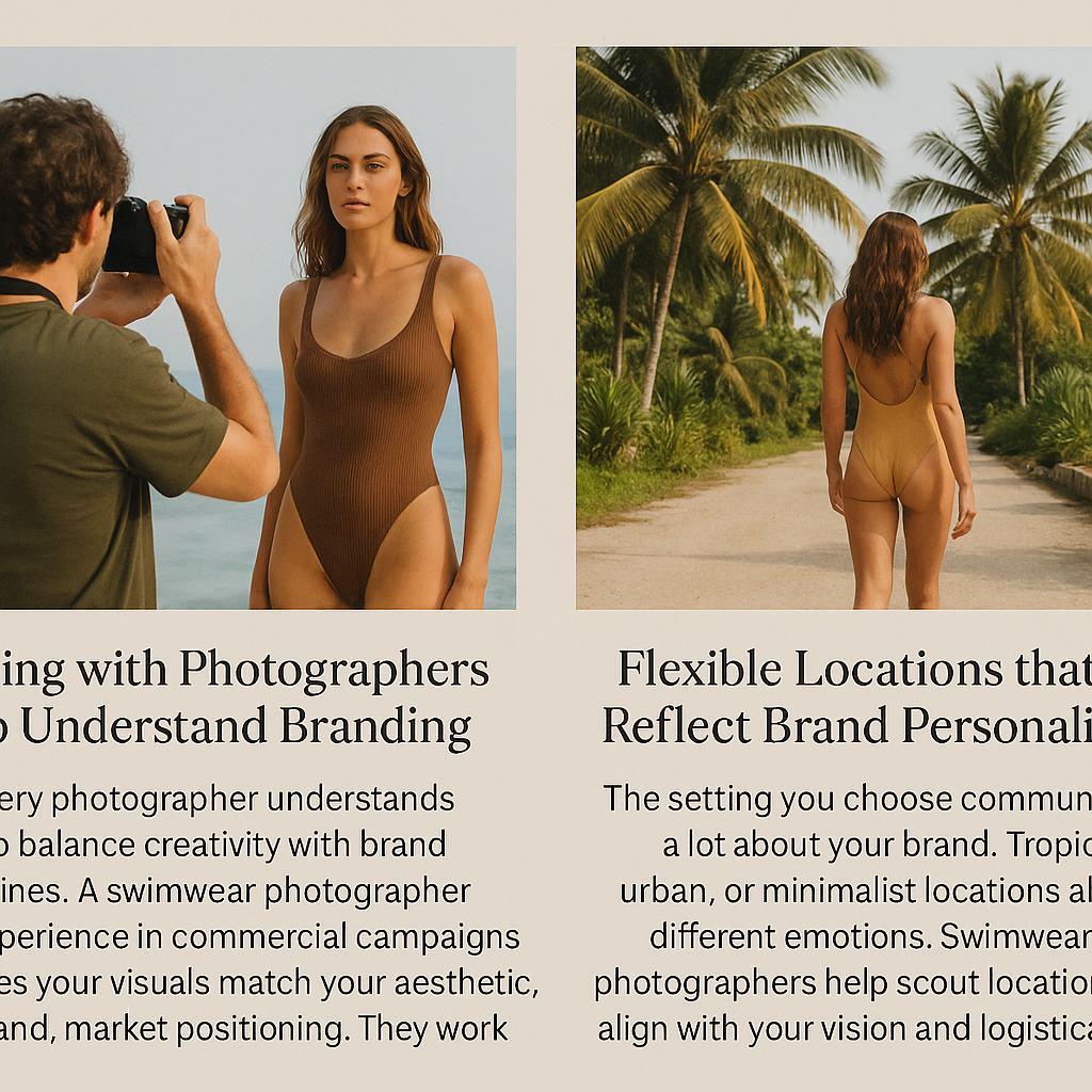 A two-panel digital infographic with a beige background highlights key strategies in swimsuit photography. The left panel, titled “Working with Photographers Who Understand Branding,” shows a female model in a brown one-piece swimsuit being photographed by a male photographer on a beach. Below the image, text explains the value of hiring photographers who align with brand aesthetics and commercial goals. The right panel, titled “Flexible Locations that Reflect Brand Personality,” features the same model walking down a palm-lined path in a tropical setting. The accompanying text emphasizes how diverse locations can enhance a campaign’s emotional tone and brand alignment.