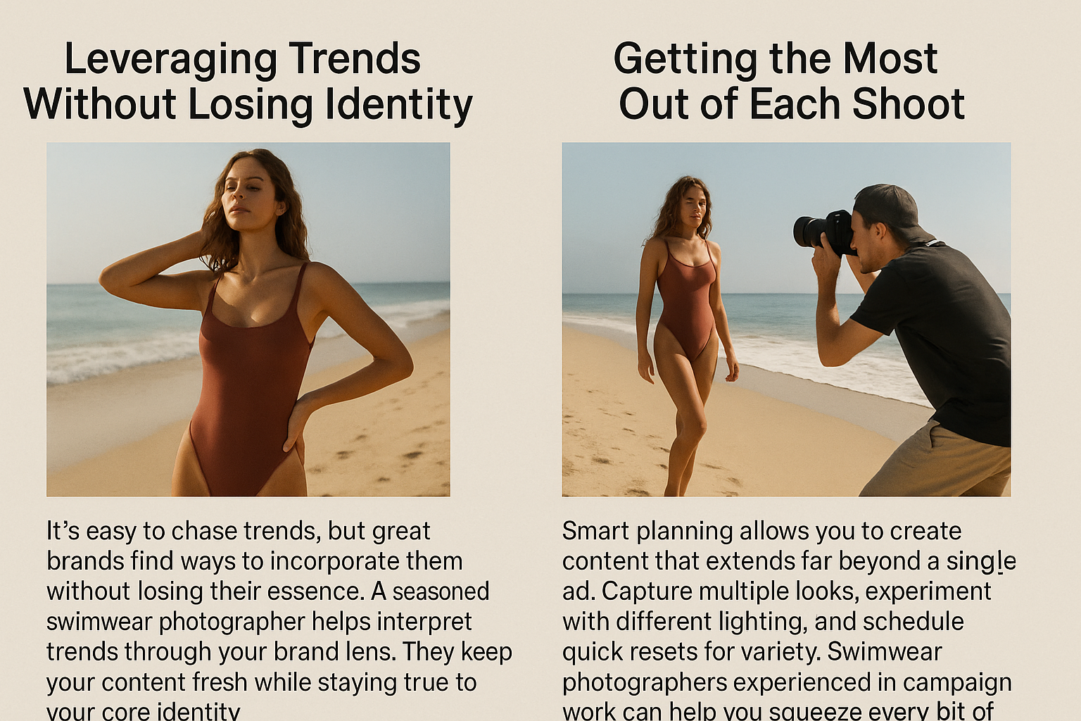 A two-panel digital infographic on a beige background presents strategies for effective swimsuit photography. The left panel, titled “Leveraging Trends Without Losing Identity,” features a model in a rust-colored swimsuit standing on a beach, with one hand resting on her head. The text below emphasizes maintaining brand identity while incorporating trends. The right panel, titled “Getting the Most Out of Each Shoot,” shows the same model walking on the beach while a male photographer crouches with a camera, capturing her image. The accompanying text discusses maximizing photo shoot efficiency through planning, varied lighting, and outfit changes.