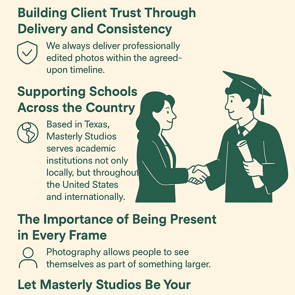 Building Client Trust Through Delivery and Consistency – A shield and checkmark icon represents timely and high-quality photo delivery.