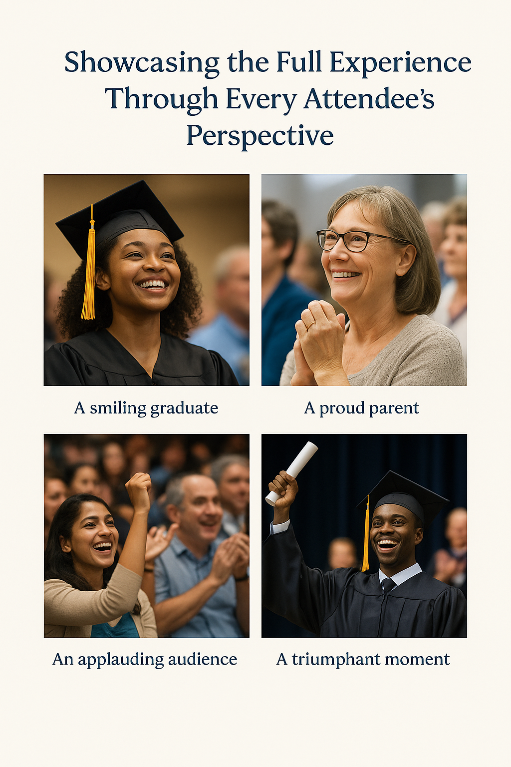 Top left: A smiling Black female graduate in cap and gown.