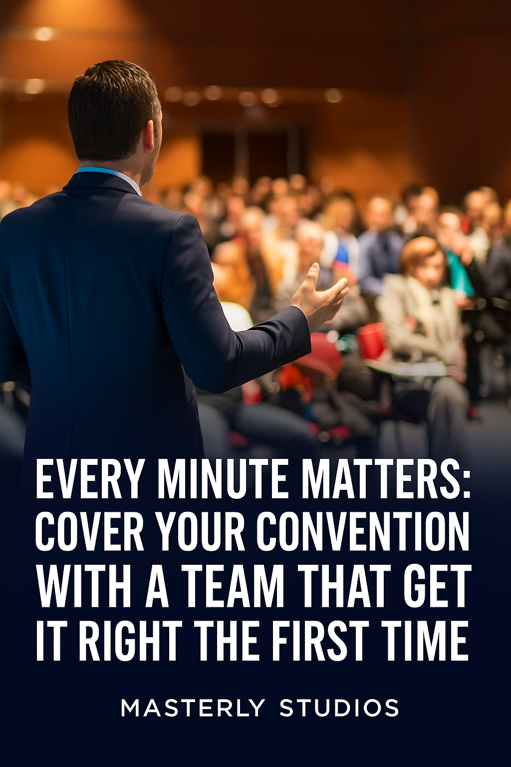 A professional speaker in a suit addresses a seated audience at a convention, with bold white text overlay reading,