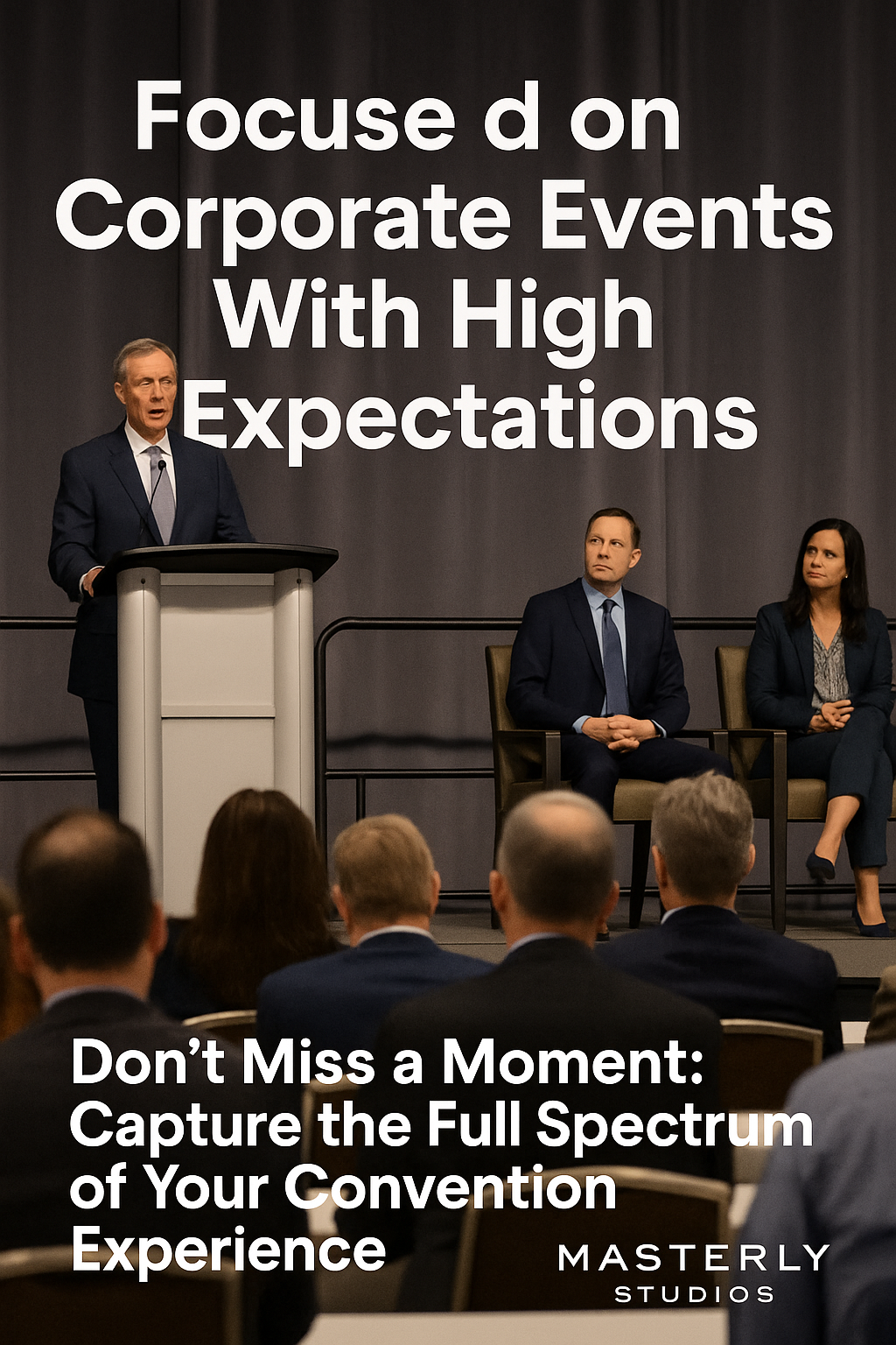 A professional corporate event scene featuring a male speaker at a podium addressing an audience, with two seated panelists beside him. The audience is dressed in business attire, facing the stage. Bold white text reads,
