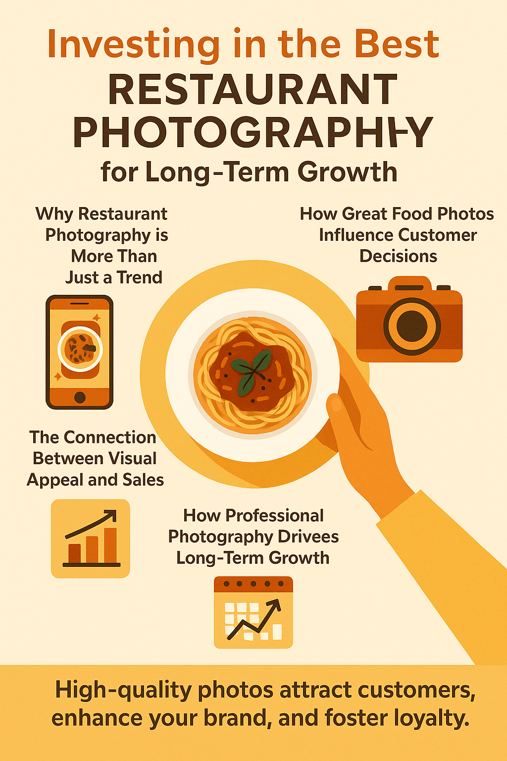 A 2D digital infographic titled 'Investing in the Best Restaurant Photography for Long-Term Growth.' At the top, bold text introduces the theme. The center features a hand holding a plate of pasta surrounded by four icons: a smartphone with a food image labeled 'Why Restaurant Photography is More Than Just a Trend,' a camera labeled 'How Great Food Photos Influence Customer Decisions,' a bar graph labeled 'The Connection Between Visual Appeal and Sales,' and a calendar with an upward arrow labeled 'How Professional Photography Drives Long-Term Growth.' A gold banner at the bottom reads: 'High-quality photos attract customers, enhance your brand, and foster loyalty.