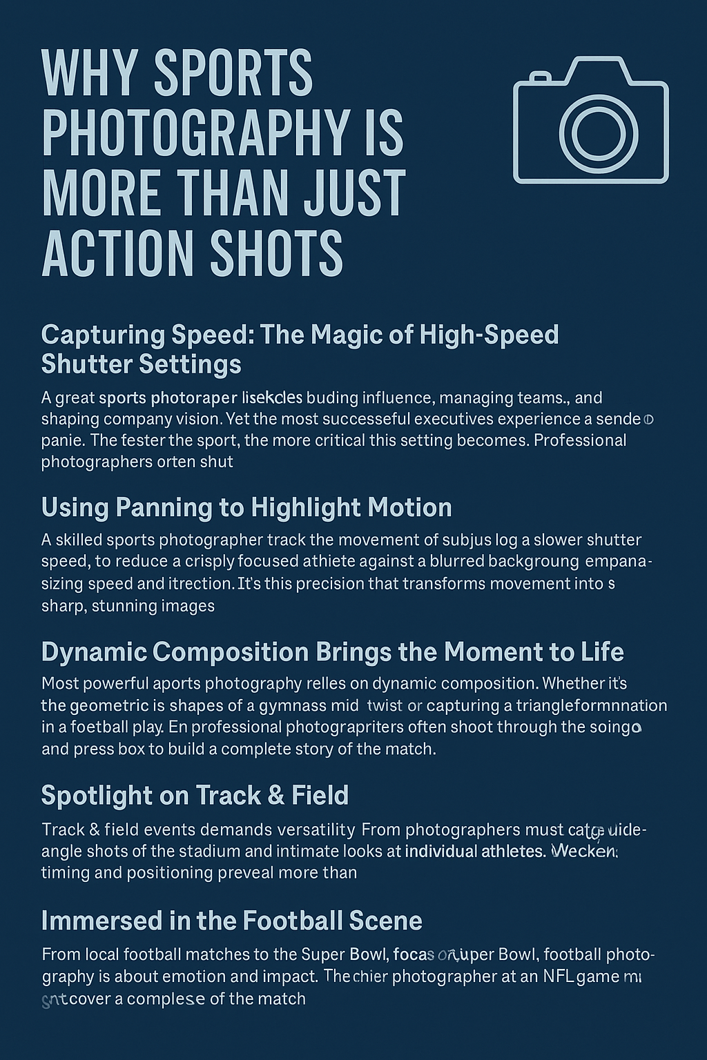 Infographic titled “Why Sports Photography Is More Than Just Action Shots,” set against a dark blue background with a white camera icon. The layout features five sections with bold white headings and descriptive text in light blue. Topics include: 1) “Capturing Speed: The Magic of High-Speed Shutter Settings,” highlighting fast shutter techniques; 2) “Using Panning to Highlight Motion,” explaining motion blur with focus; 3) “Dynamic Composition Brings the Moment to Life,” emphasizing creative framing; 4) “Spotlight on Track & Field,” detailing challenges in event coverage; and 5) “Immersed in the Football Scene,” illustrating storytelling in football photography.