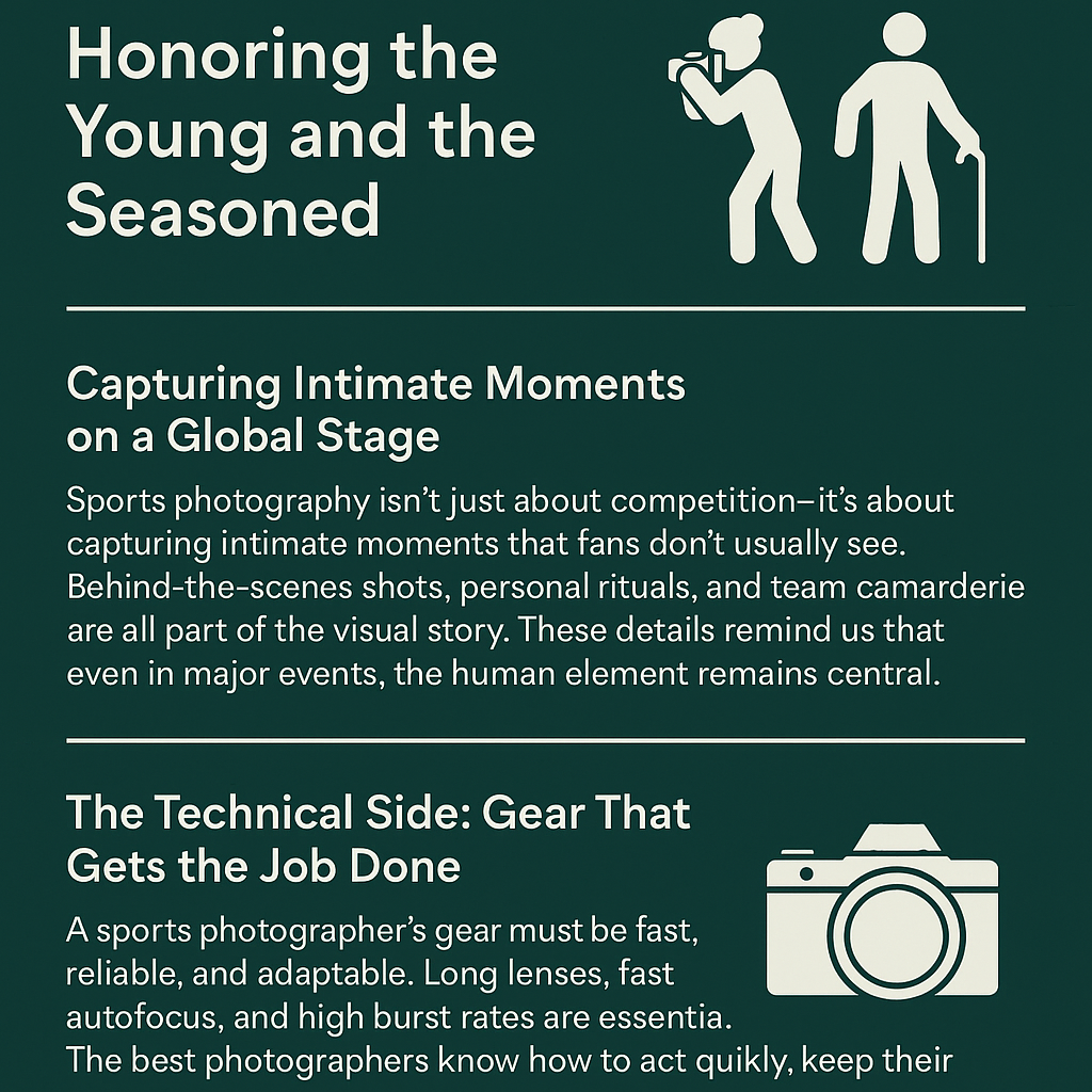 Infographic titled “Honoring the Young and the Seasoned,” displayed on a dark green background with white text and minimalistic icons of a young photographer and an elderly figure. It includes two main sections: 1) “Capturing Intimate Moments on a Global Stage,” emphasizing behind-the-scenes and emotional imagery in sports photography; and 2) “The Technical Side: Gear That Gets the Job Done,” highlighting essential equipment like long lenses, fast autofocus, and high burst rates that enable photographers to adapt quickly and capture fast-paced action. A white camera icon represents the technical focus.